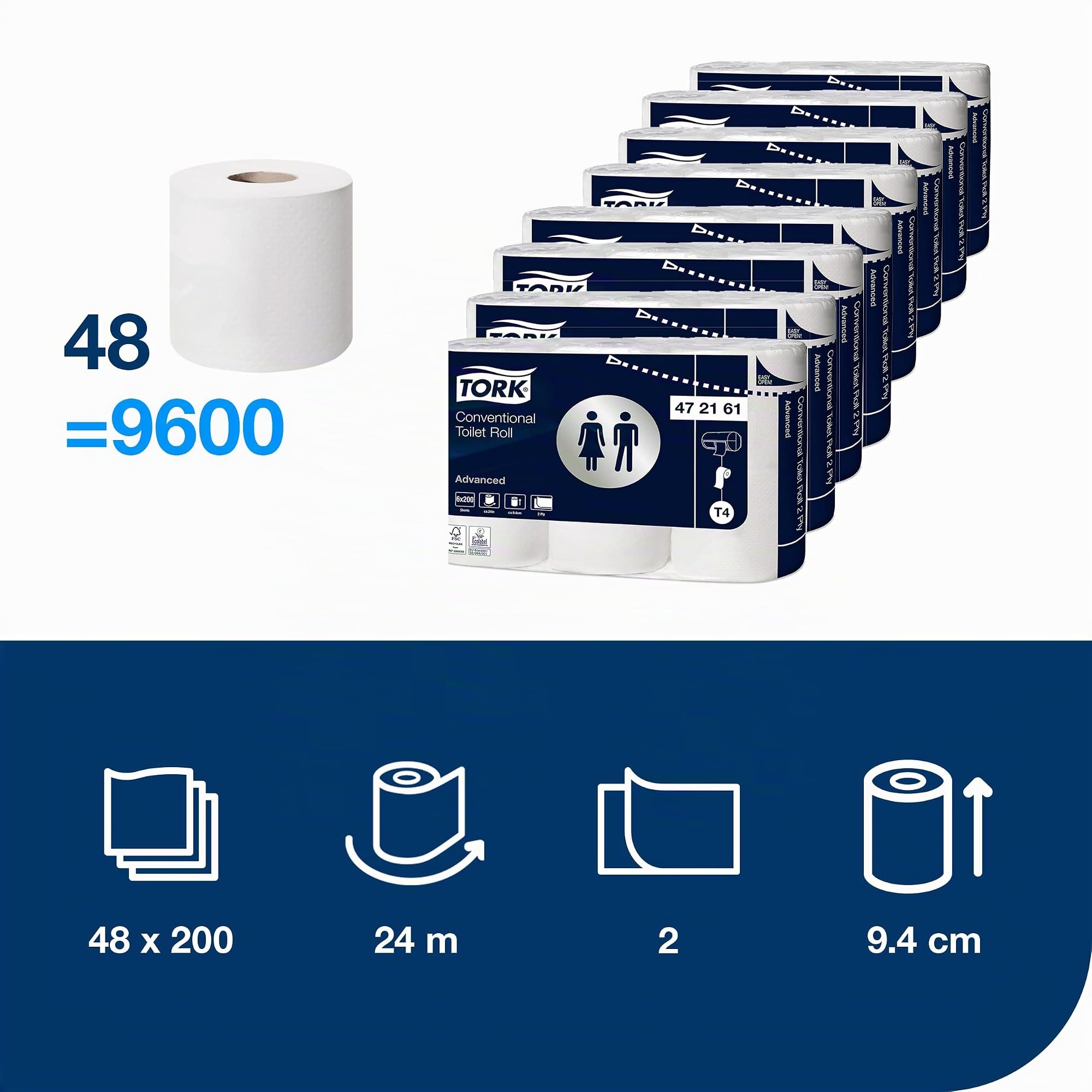 Tork Rollo de Papel Higiénico Convencional Blanco T4 Advanced 2 Capas 48 x 200 Hojas 472161