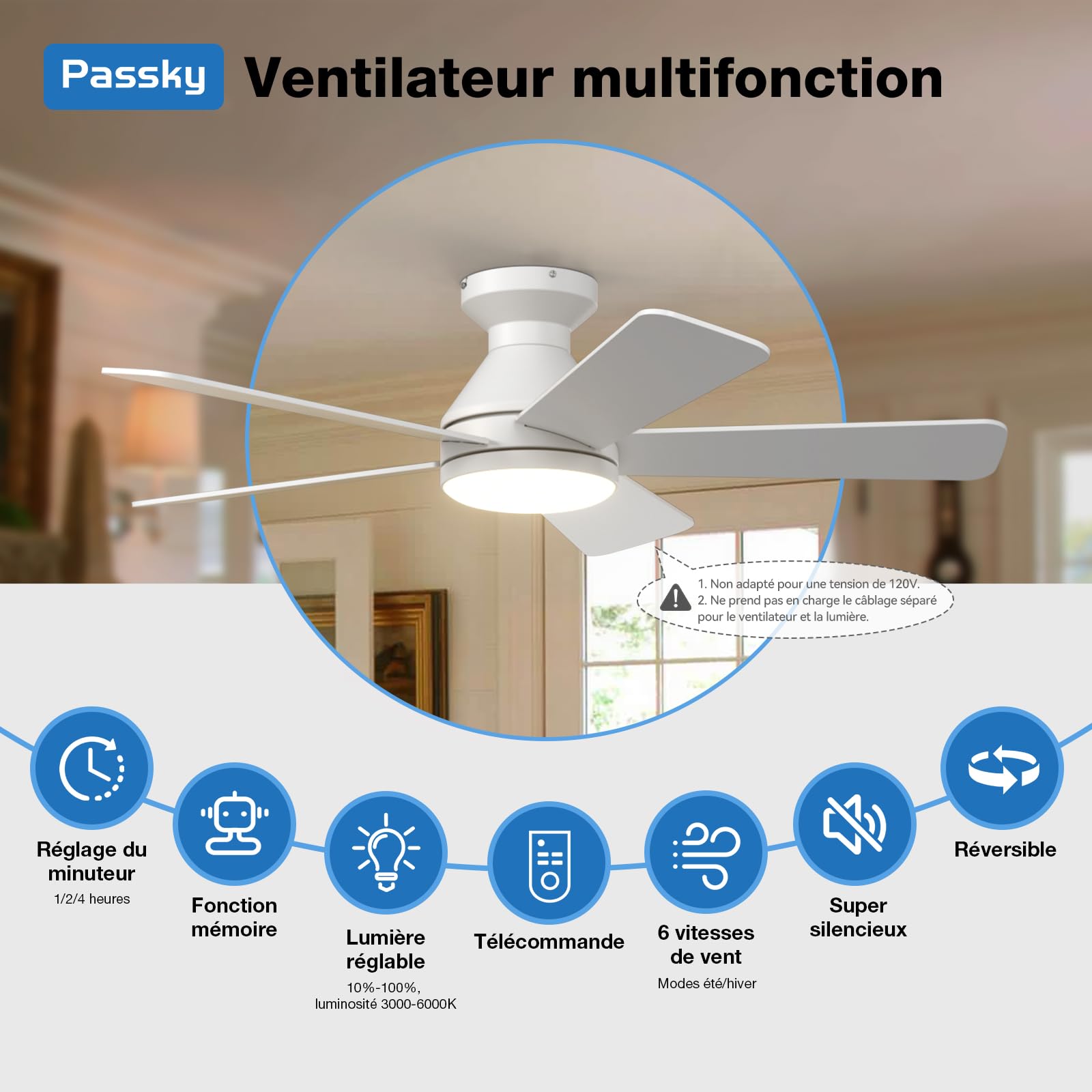Passky Ventilateur de plafond, 107 cm, avec éclairage et télécommande, moteur CC silencieux, 6 vitesses, lampe LED à intensité variable, 3 températures de couleur, blanc