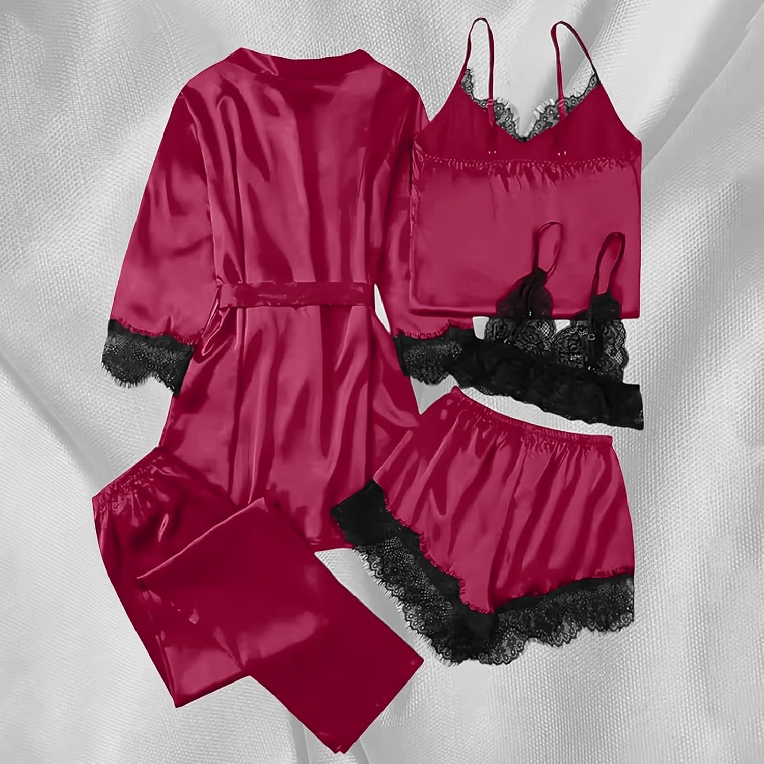 OPHPY Womens 5pc Silk Pajamas Set Sexy Lingerie Sleepwear Satin Robe Pants Lace Bra Shorts Nightdress Sets Bridal Pj Outfits