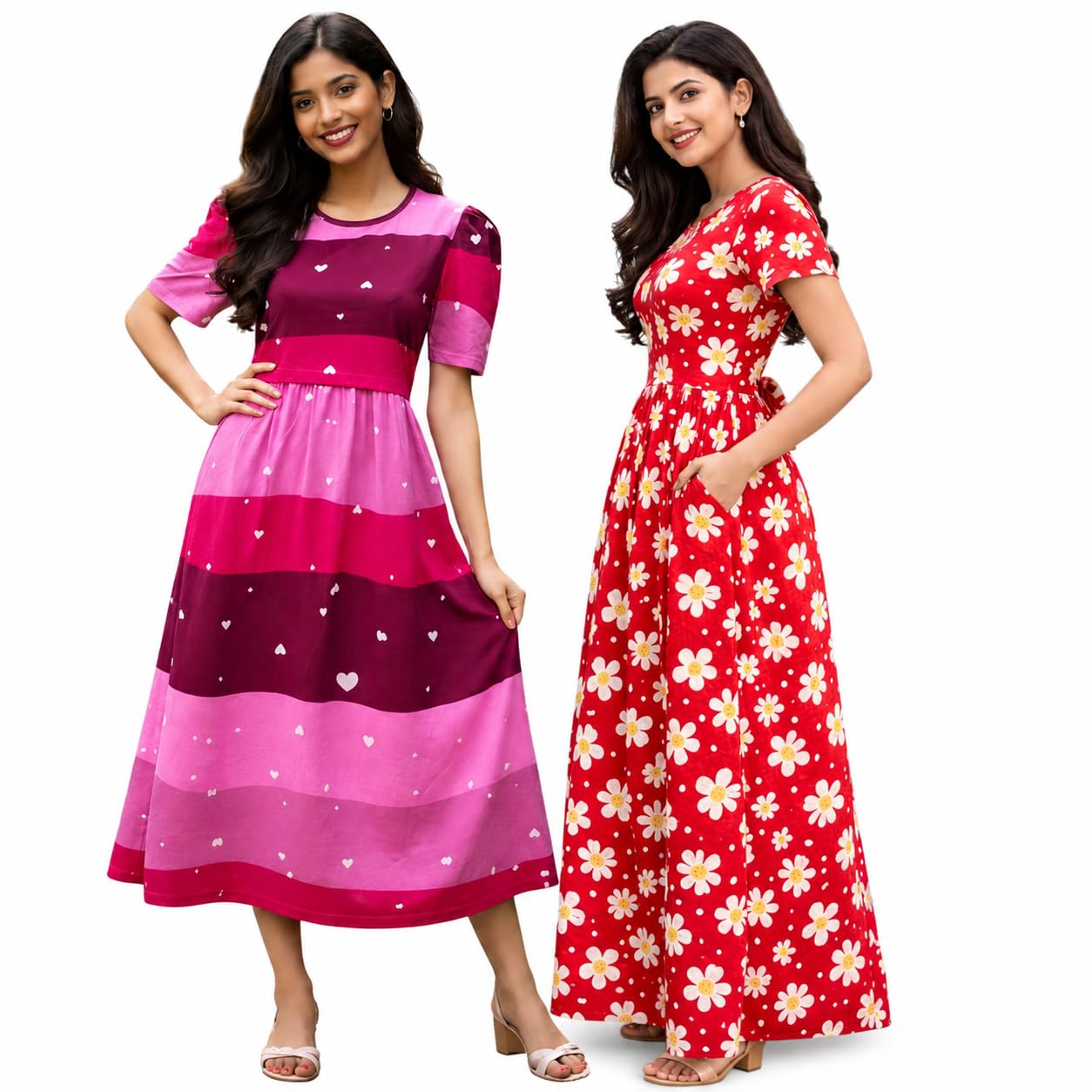 RENIS.Store Women's 100% Cotton Zipless Feeding Maternity Nighty Pack of 2 | Pull Up Nighty | Soft Pregnancy & Feeding Wear, Back Tie with Side Pocket | Pink Stripe_ RED Flower | Size-XXL-image-30