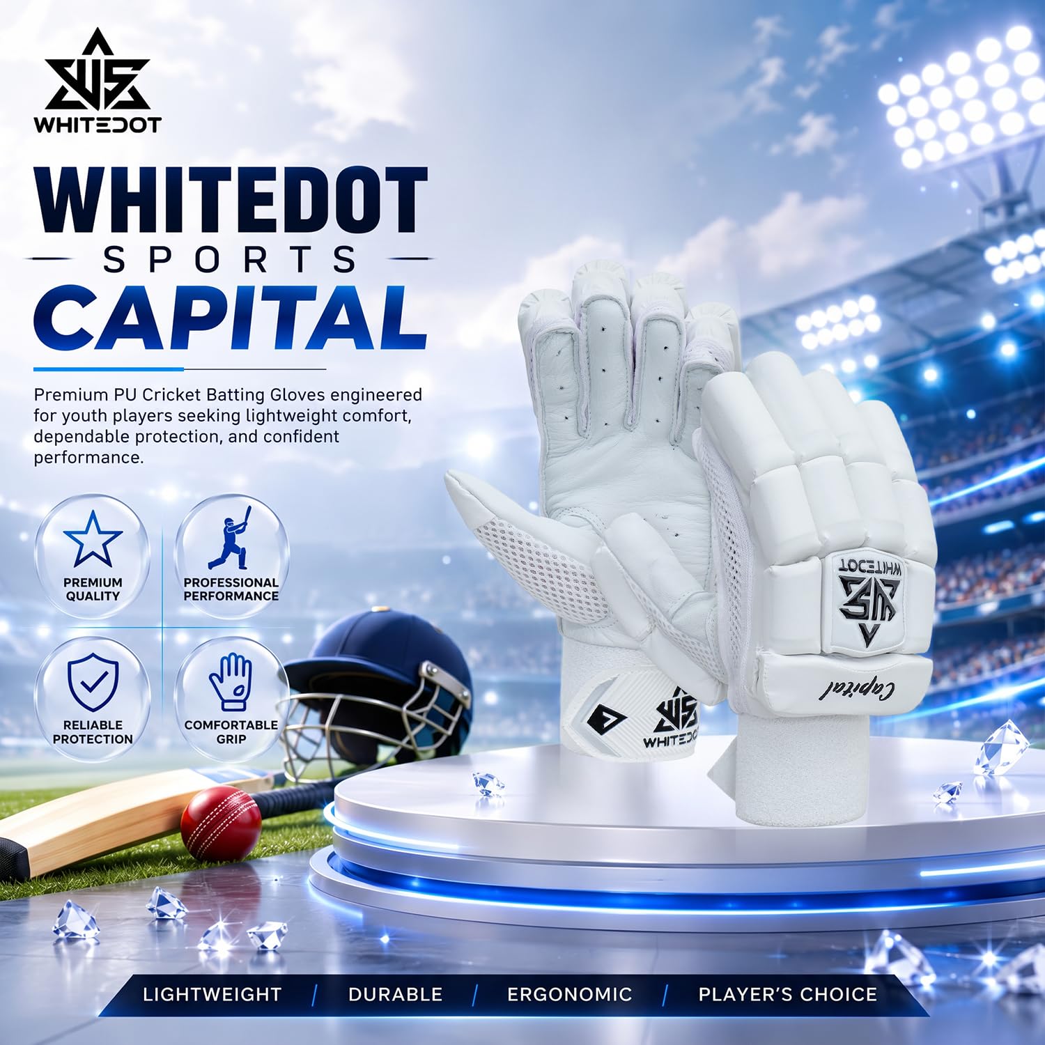 WHITEDOT Sports Capital PU Cricket Batting Gloves (White Boys/Small Right Hand) 4