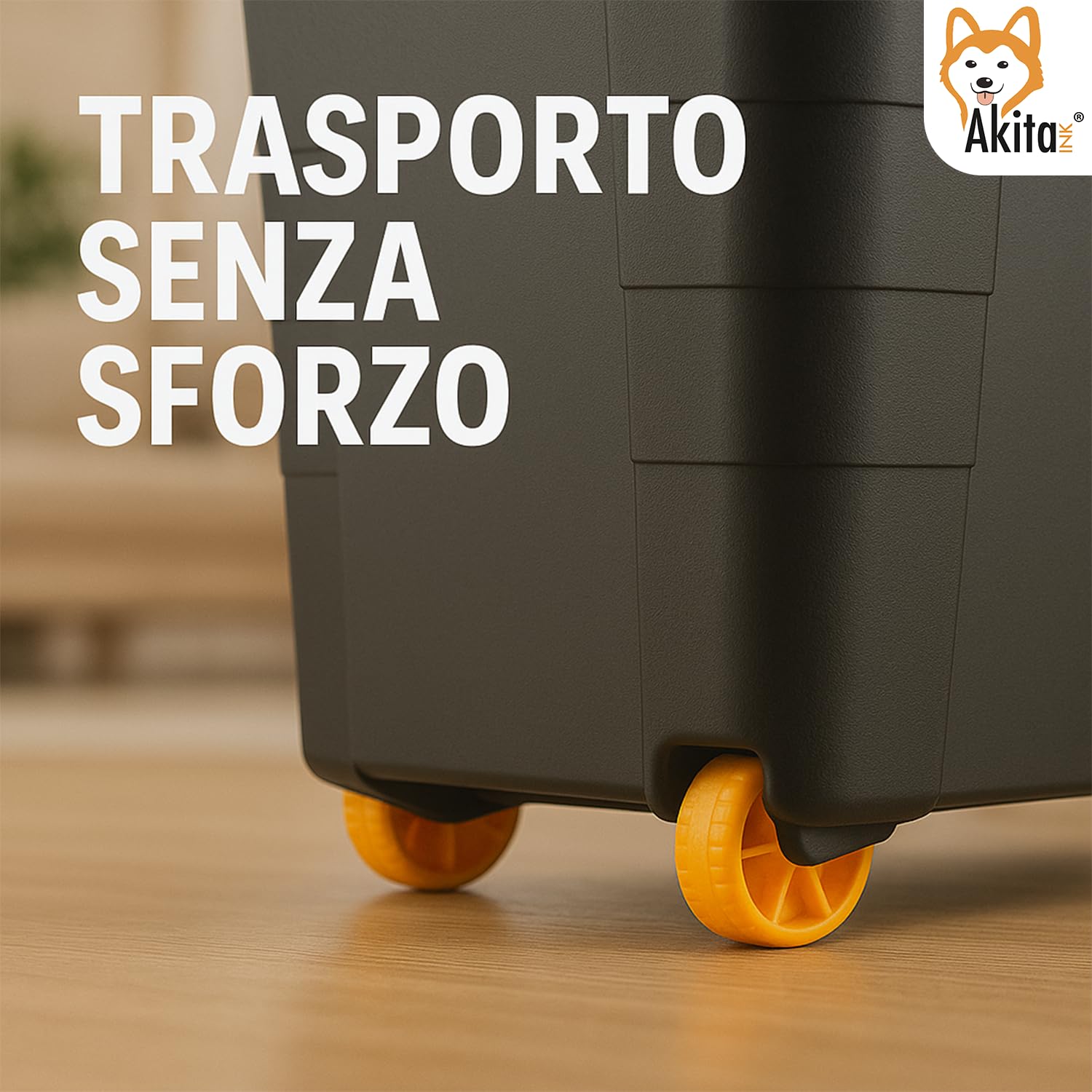 AKITAInk Contenitore Box con Ruote 60L e Coperchio - 39x36x59 cm - Magic 4 Aperture- Scatola Portaoggetti in Polipropilene Resistente, per Casa, Ufficio e Garage, Made in Italy (NERO, 60 L)