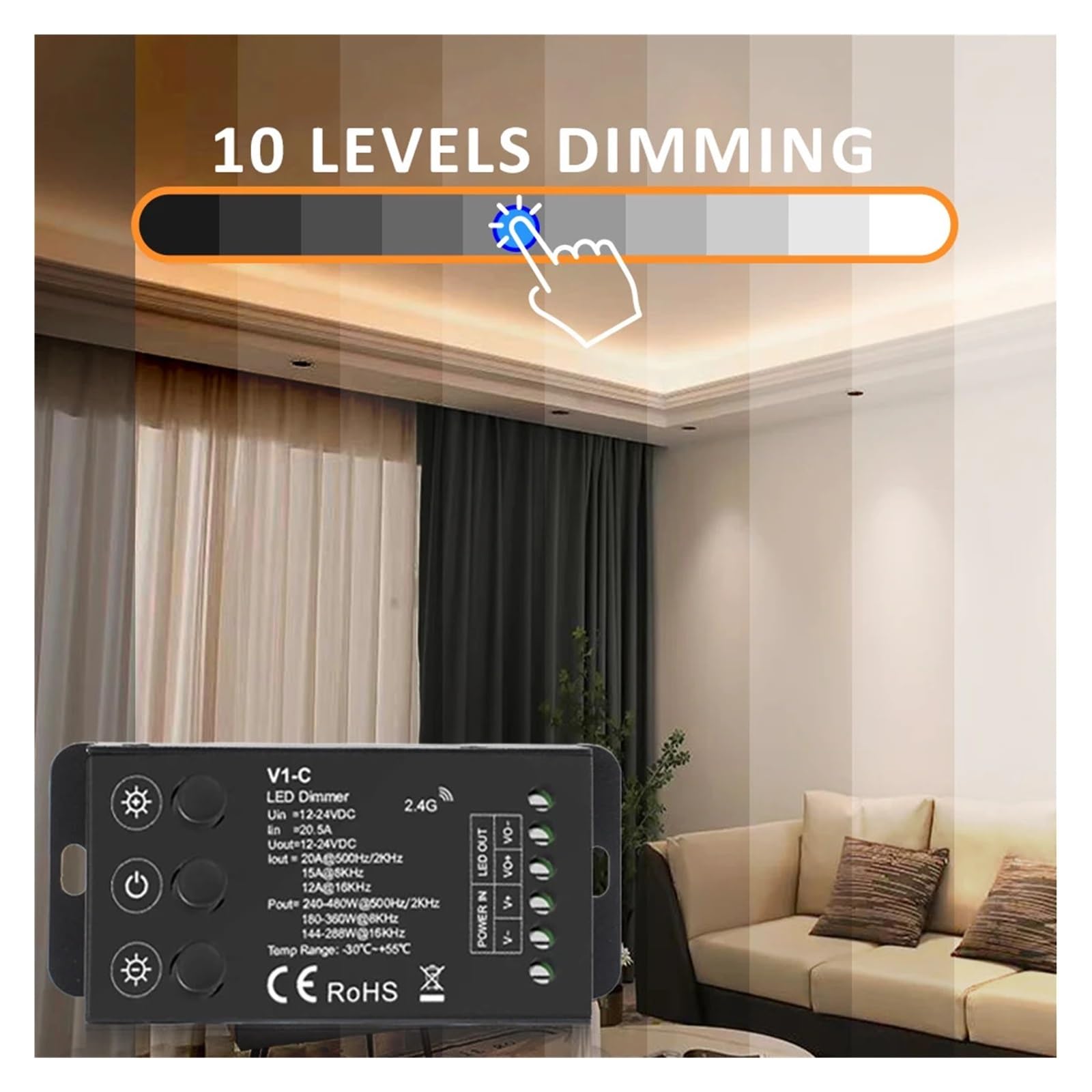 V1-C LED-Dimmer, 12 V, 24 V, PWM-Frequenz einstellbar, 2,4 G RF, Touch-Fernbedienung, einfarbige LED-Lichtleiste, 12-Volt-Dimmer(V1-C and R1 Set)