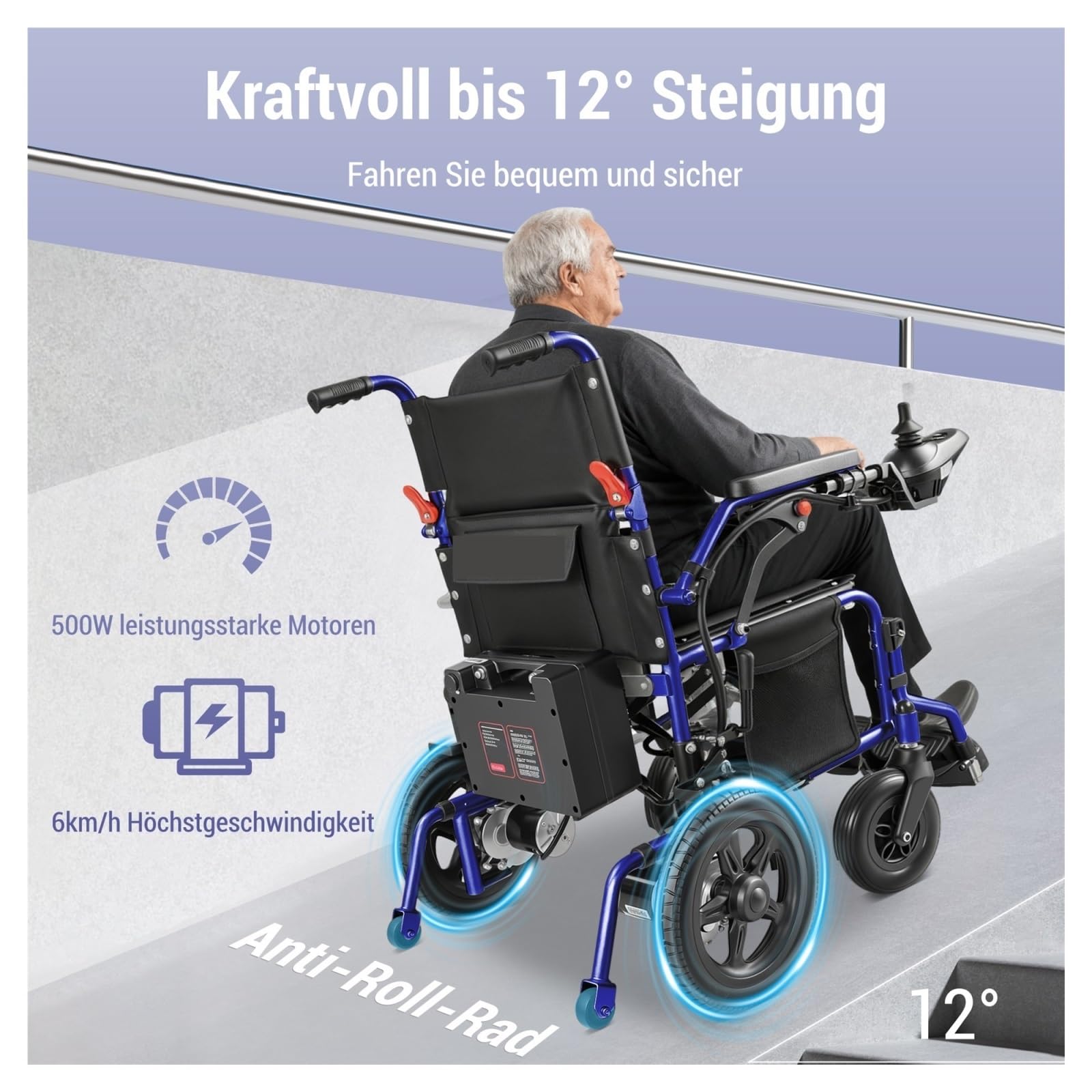 Sedia A Rotelle Elettrica Pieghevole, Carico Massimo Fino A 150 Kg, Motore Da 500 W, Batteria Al Litio 13 Ah, Autonomia Di 24 Km, Facile Piegare E Trasportare Mobilità Confortevole Fluida