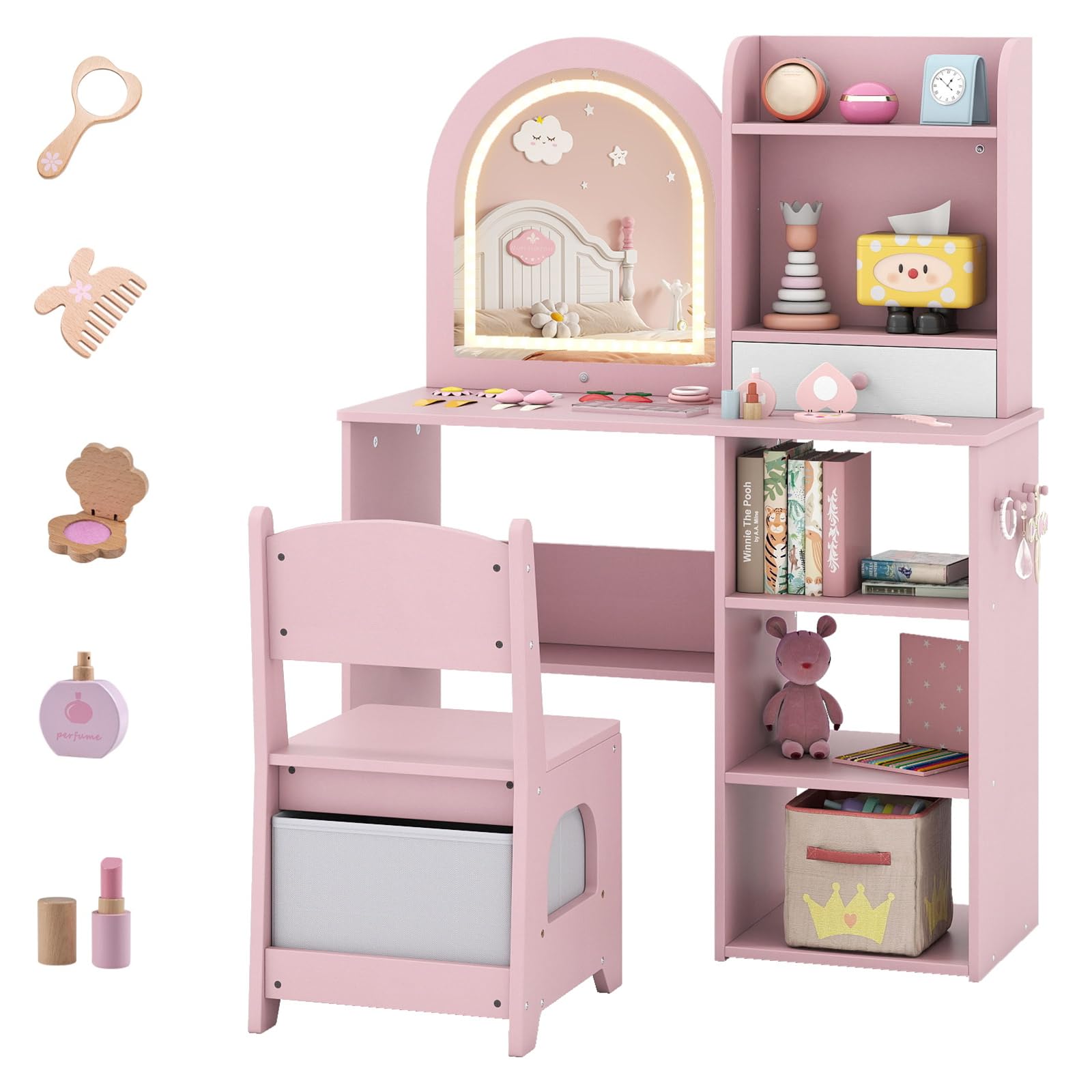 Costzon Kids Vanity with Lights, Girls Vanity Set with Mirror, Storage Drawer, Hooks &amp; Shelves, Toddler Makeup Vanity Desk Dressing Table, Wooden Kids Vanity Table and Chair Set (Pink)