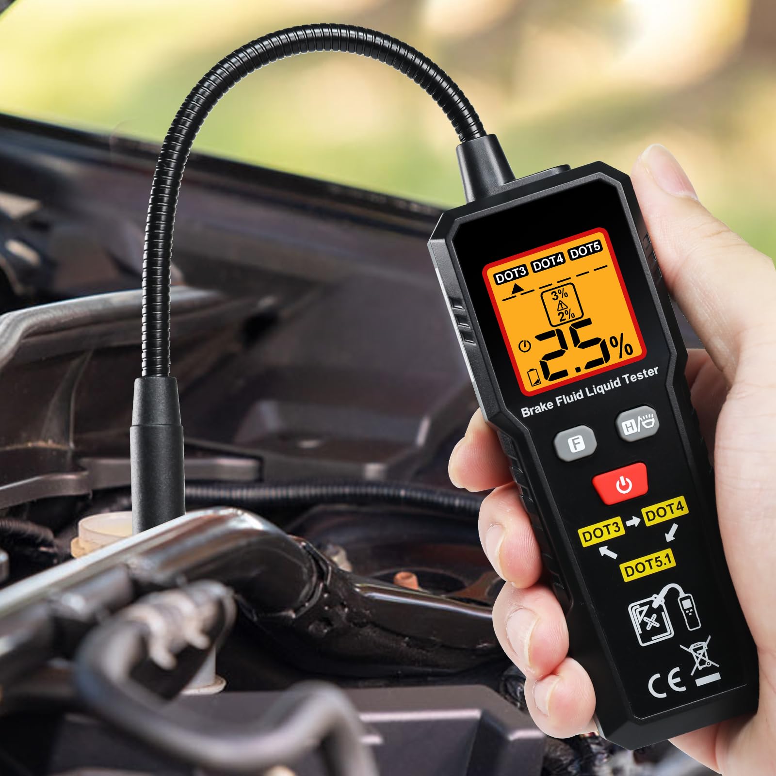 Testeur d'Humidité du Liquide de Frein DOT3/DOT4/DOT5.1 Détecteur d'Huile de Frein 0-4% avec Lampe de Poche LED, Indicateur de Couleur et Alarme Sonore Outil de Diagnostic pour Voitures et Motos