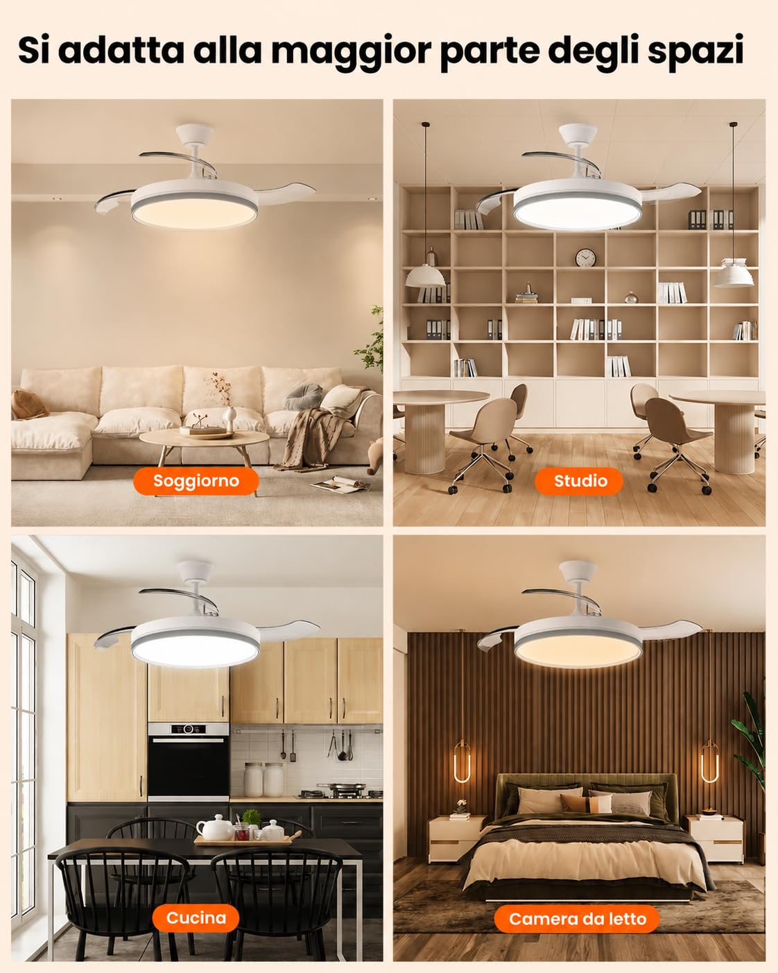 Airwit 106cm Ventilatore da Soffitto con Luce e pale retrattili, 70W Silenzioso Lampada Ventilatore da Soffitto con Telecomando e Motore DC per Camera da Letto, Cucina, Soggiorno, Bianco, 6 Velocità
