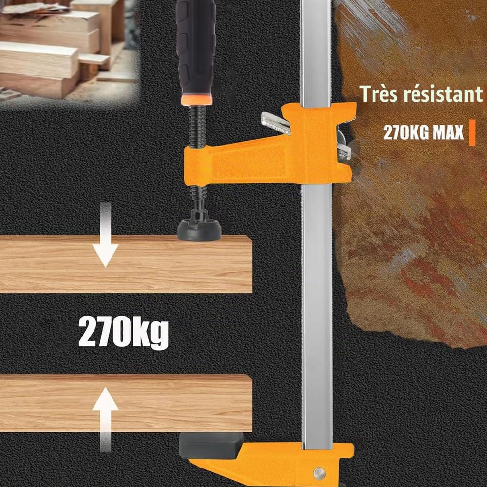 Lot de 4 Serre-joints, Largeur de Serrage 900mm, Profondeur de la mâchoire 60mm, Force de Serrage Maximale de 270kg, Ajustables et à Dégagement Rapide