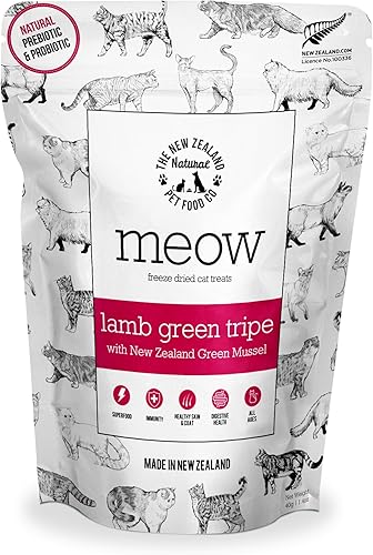 The New Zealand Natural Pet Food Co MEOW - Golosinas liofilizadas para gatos  Tripe verde de cordero con mejillón verde de Nueva Zelanda, alto