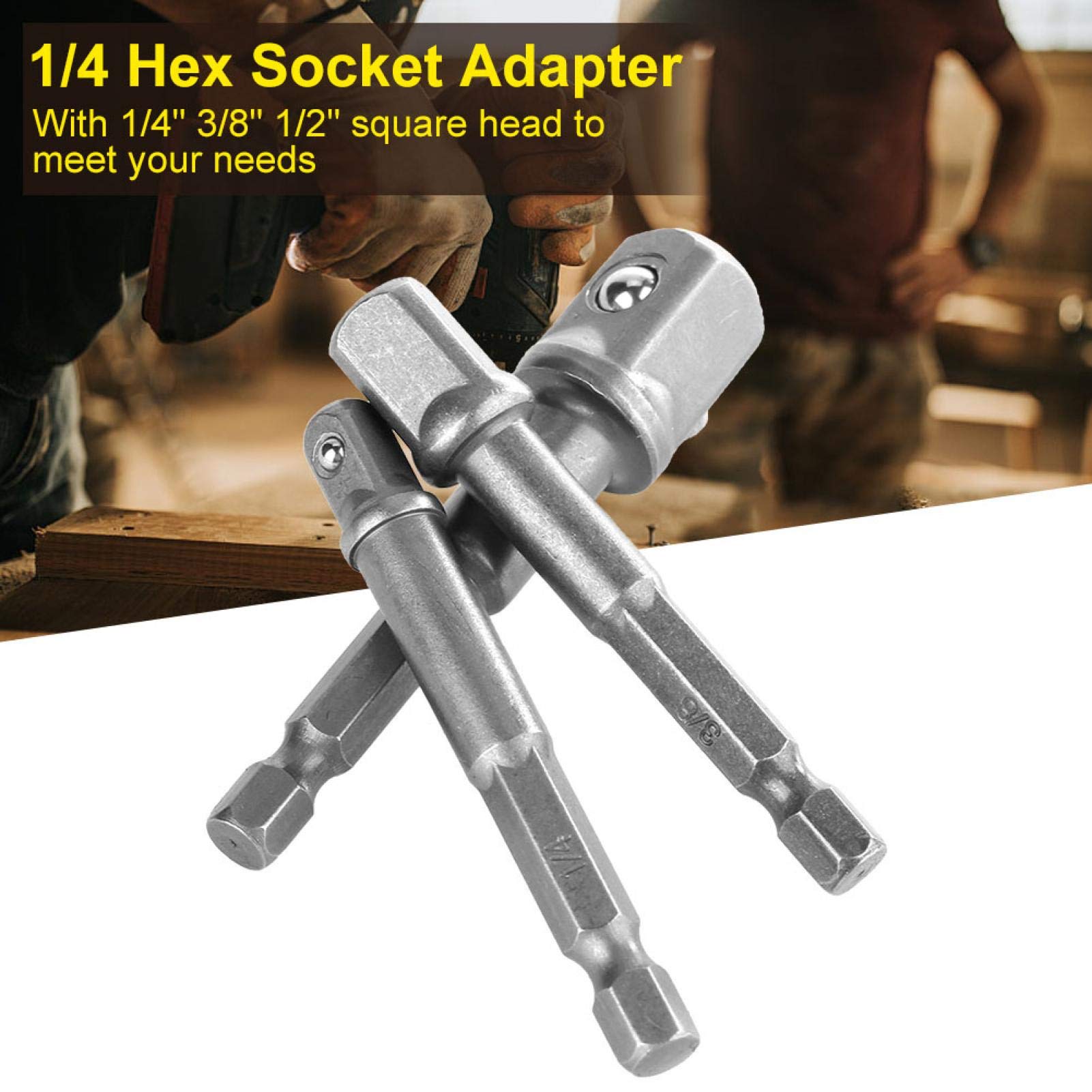 Llave de Vaso para Taladro eléctrico, 3 Piezas de vástago Hexagonal de 1/4" a Adaptador Cuadrado de 1/4" 3/8" 1/2" para Llave de Vaso para Taladro eléctrico