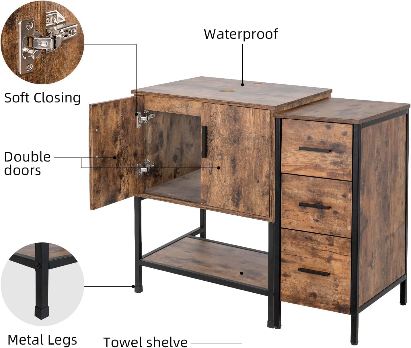 UEV 48" Antique Bathroom Vanity, Dark Brown Bathroom Vanity Set with Sink and 3 Drawers Side Cabinet Combo, Iron Wood Bathroom Cabinet with Adjustable Water Temperature Faucet (A09)