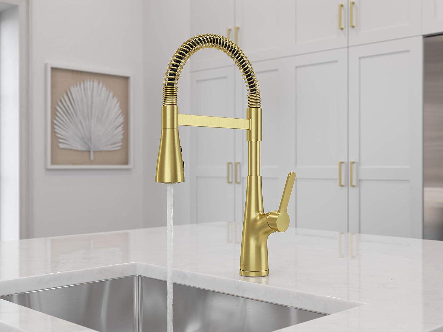 Pfister Neera Commercial Style Kitchen Faucet with Pull Down Sprayer Single Handle High Arc Brushed Gold Finish 3 Water Settings Stream Spray Pause ADA Compliant LG529NECBG