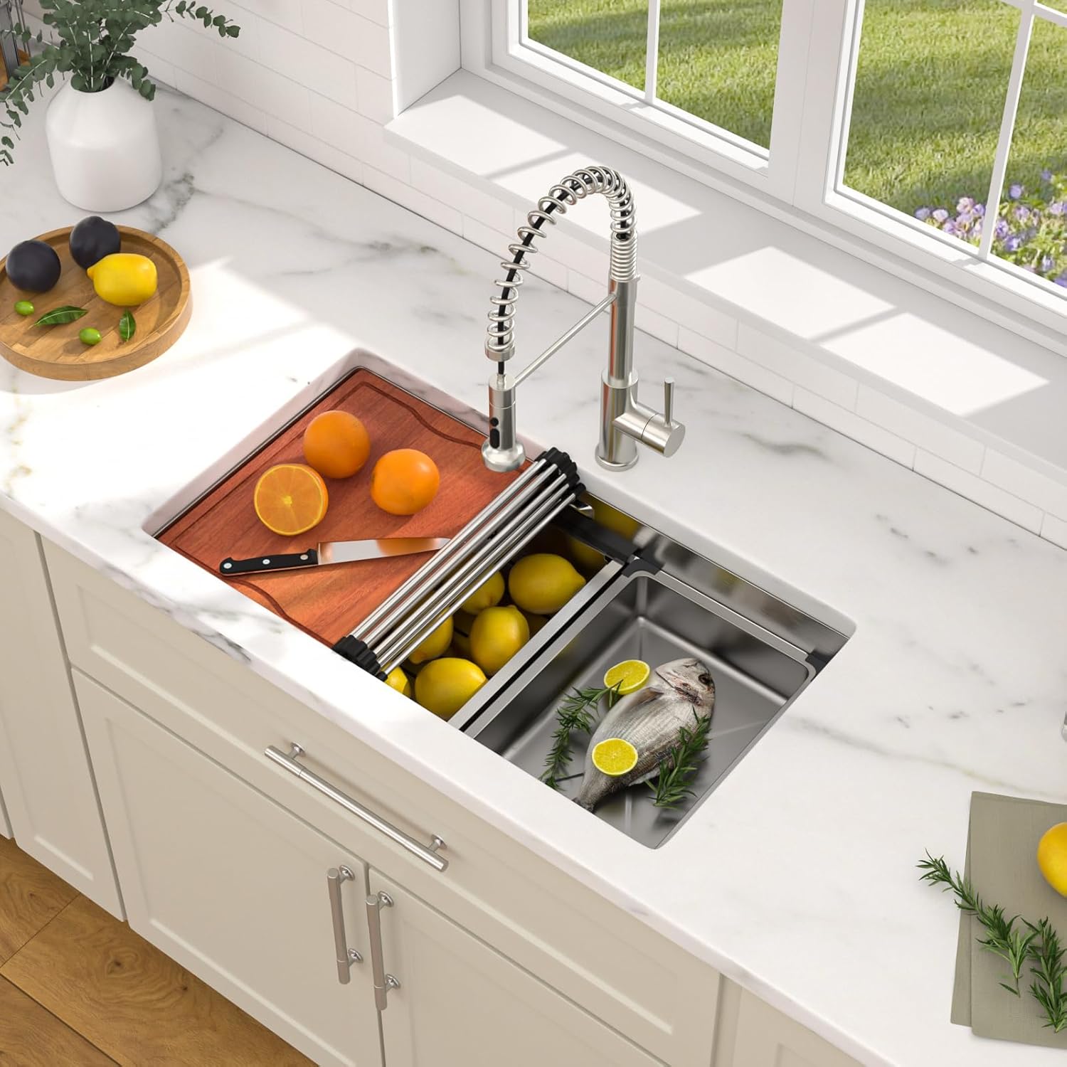 Dcolora 30 Inch Undermount Kitchen Sink Workstaion Under Counter Luxry Sink Kitchen Stainless Steel Under Mount Single Bowl Modern Style With Inner Basin, DC-UW0102