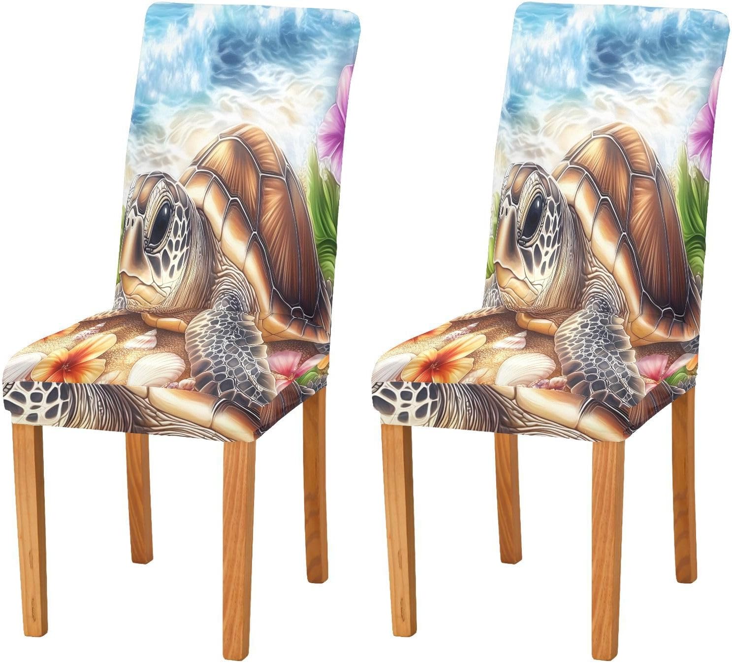 ALAZA Chair Covers for Dining Room, Sea Turtle Beach Flower Stretch Chair Cover Sets Chair Protector Removable Washable for Ktichen Restaurant Hotel