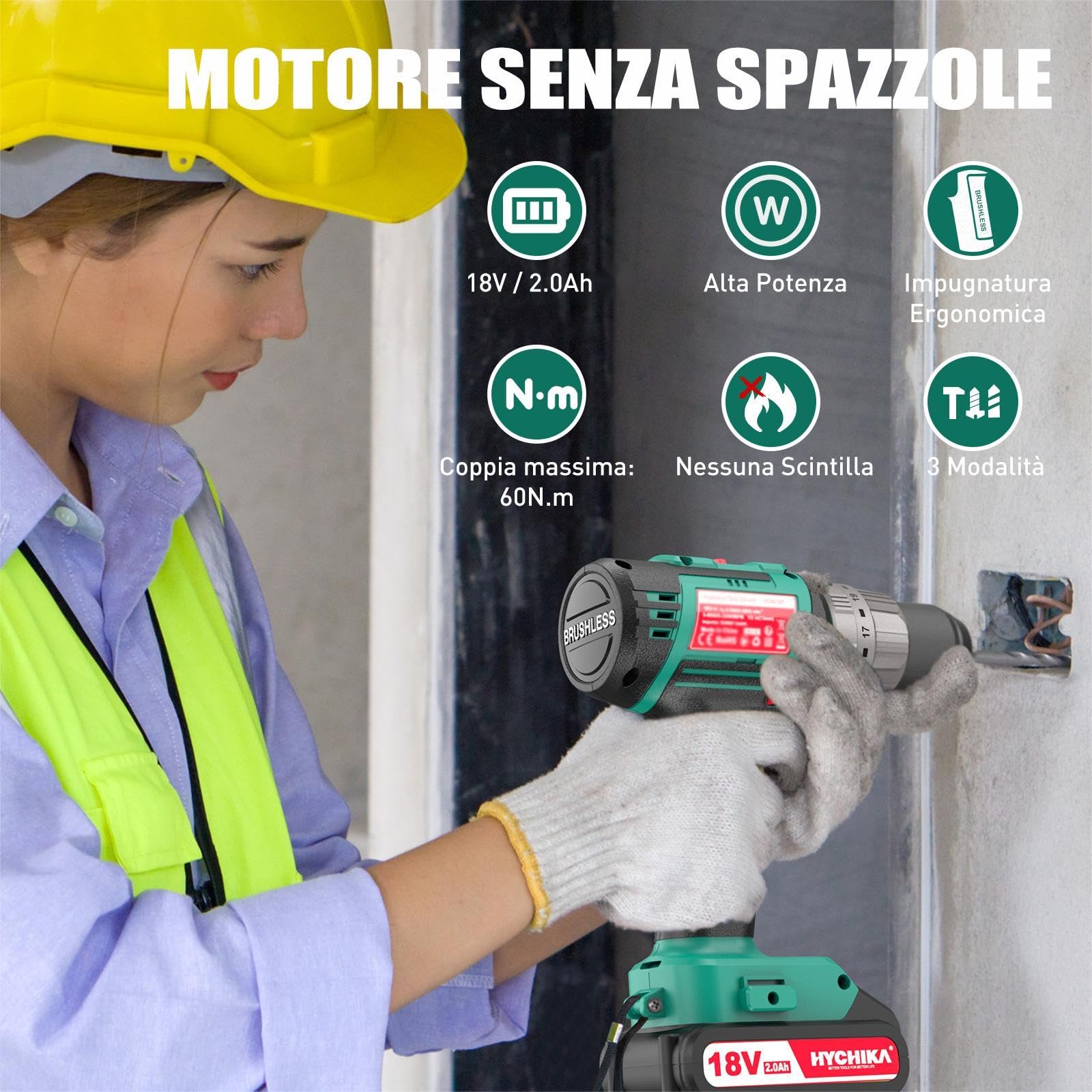 HYCHIKA Trapano Avvitatore Batteria 18V, Brushless 60Nm Trapano a Percussione, 2.0Ah Batteries, 53 Accessori, Caricatore Rapido, 21+3 Coppie, 2 Velocità Variabile, 0-500/0-2000 RPM