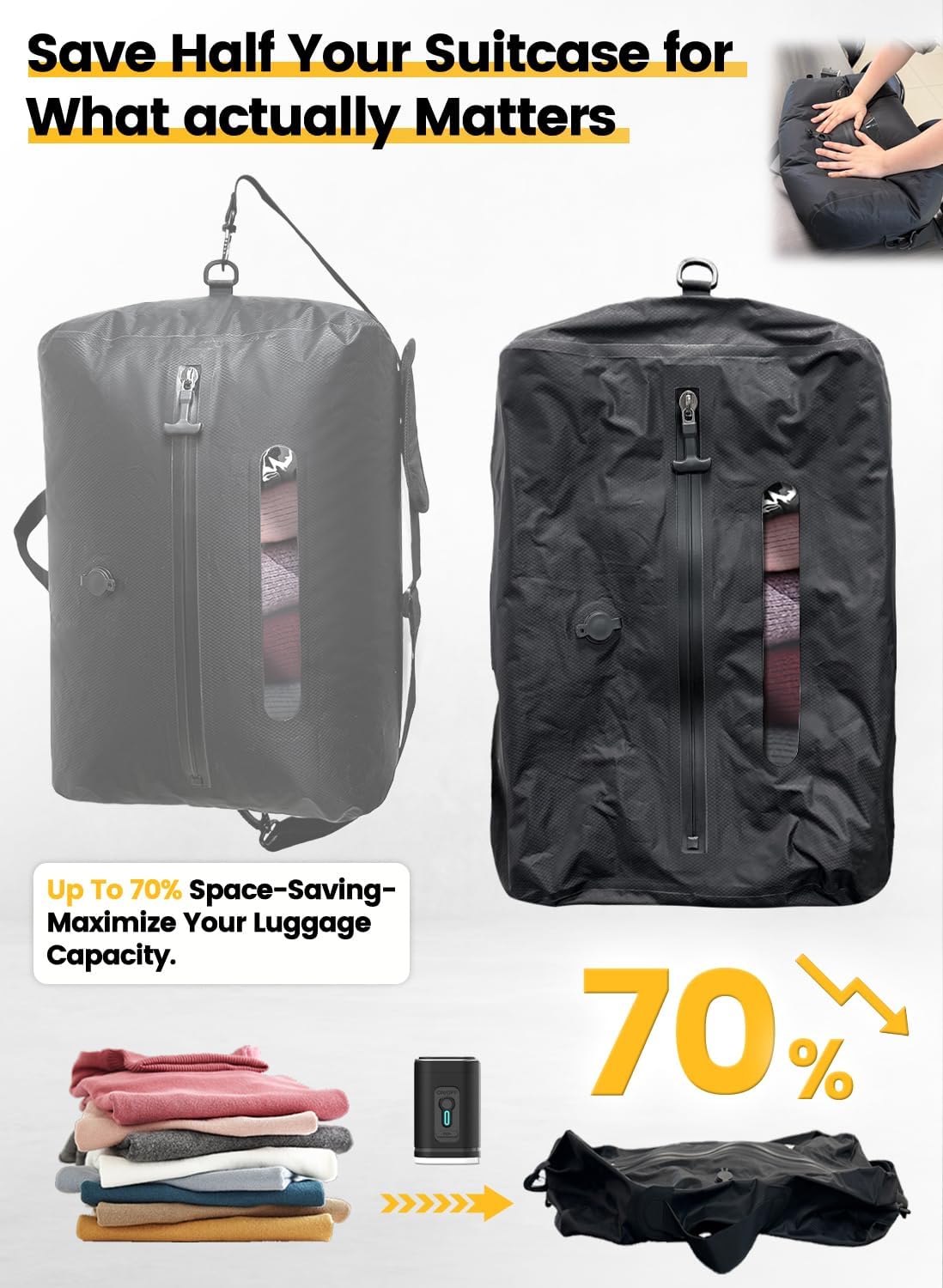 Travel Vacuum Bags with Pump, IP67 Waterproof Reusable Compression Bags for Clothing, Lightweight USB-C Pump, See-Through Window, Fits Carry-On Suitcases for Smart Packing