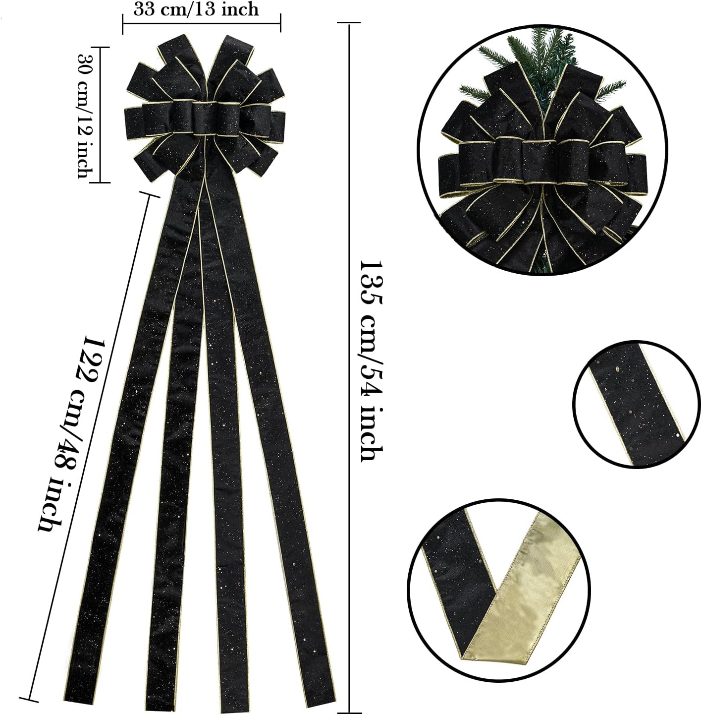 Christmas Tree Topper,48x13 Inches Velvet Toppers Bow,Large Decorative Bows for Christmas Decoration (Black) - Image 2