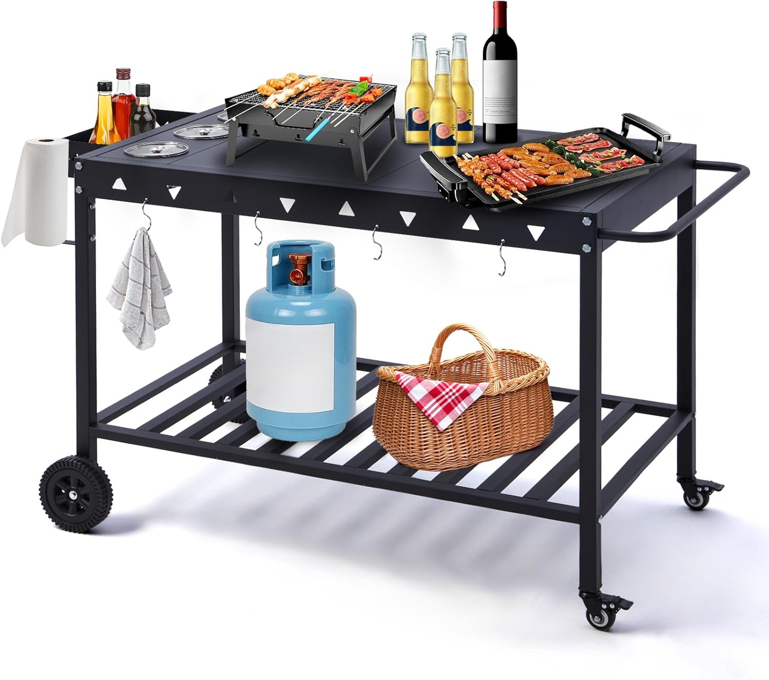 Portable Outdoor Grill Table with Wheels, Heavy-Duty Griddle Stand Grill Cart with Shelves,Towel Holder, Spice Pots & Bottle Opener, Multi-Functional BBQ Prep Station & Utility Cart