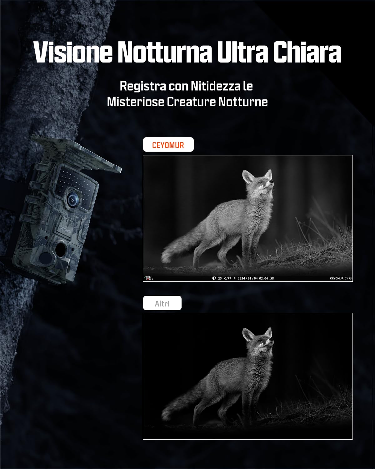 CEYOMUR 4K UHD Fototrappola Solare, Wifi 6 Fototrappola Notturna con 120° Rilevamento Batteria Ricaricabile da 5200mAh, Fotocamera Caccia con Impermeabile IP66 Scheda SD da 64GB
