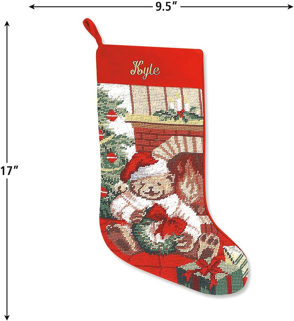Lillian Vernon Personalized Heirloom Christmas Stocking Needlepoint Teddy Bear, 100% Wool, 9.5" W x 17" L