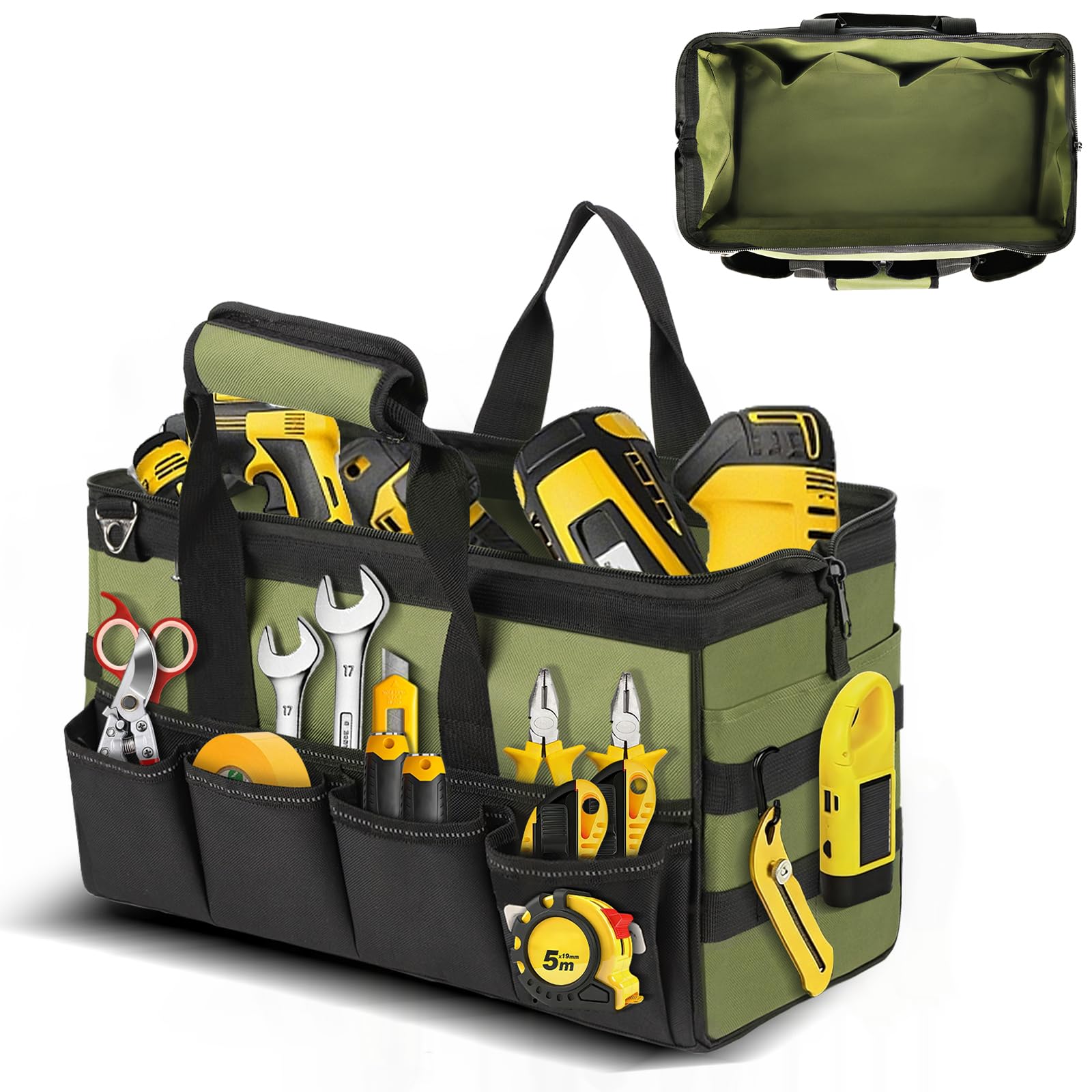 Tool Bag Organiser Heavy Duty, 16 Inch Tool Bag for Men with Shoulder Strap,Multifunctional Tools Storage Box with Non-slip Base,Gift for Men, Dad, Husband, Grandad (green)