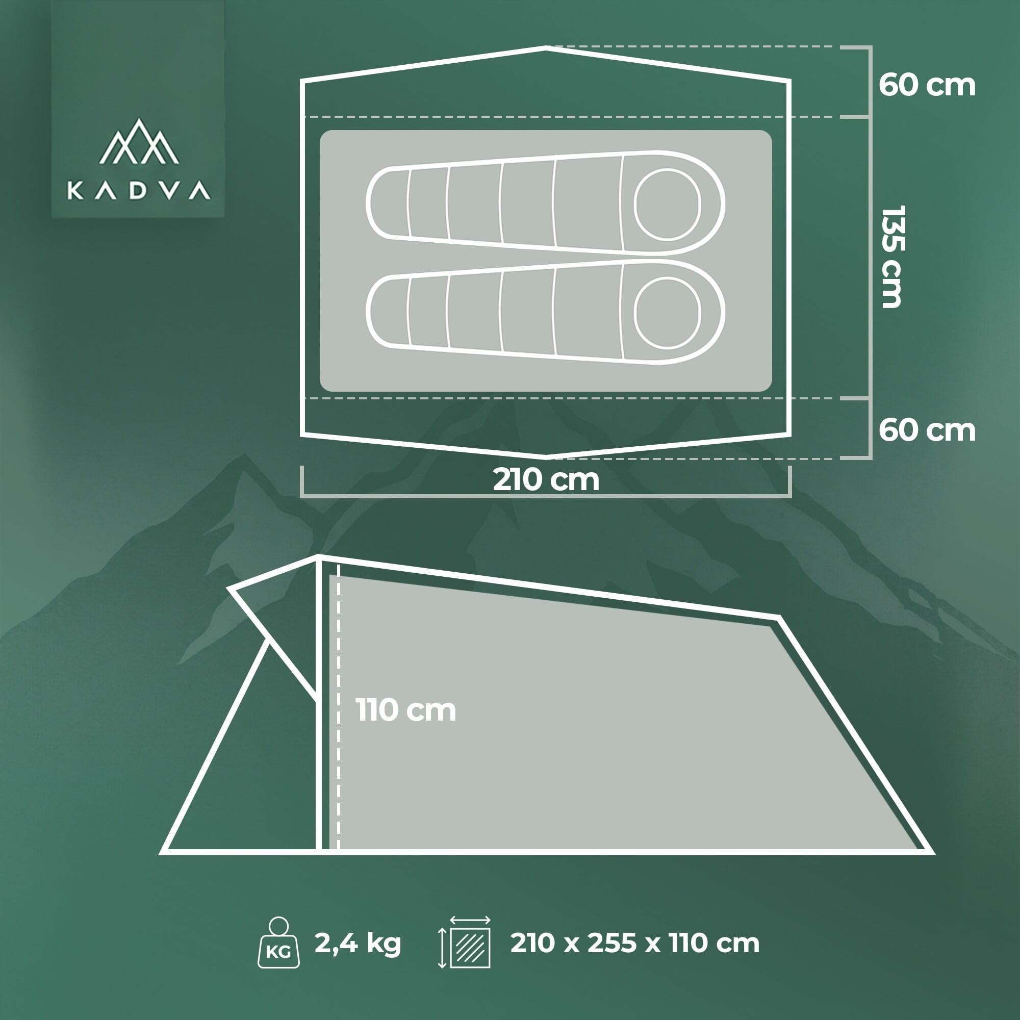 KADVA EXPEDIT 2 Pro ultralekki namiot trekkingowy dla 2 osób, wodoodporny 3000 mm, z wejściem, aluminiowa rama, kompaktowa moskitiera, do użytku na zewnątrz, na kemping, jazdę na rowerze, motocykl