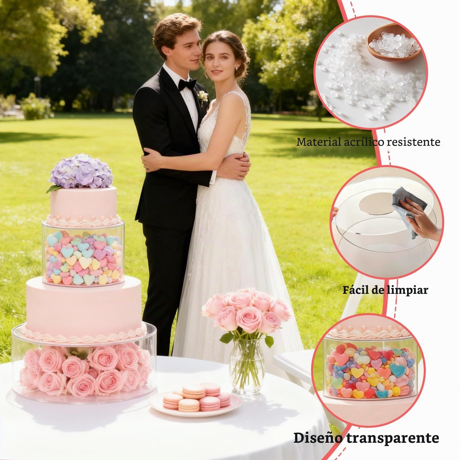 3 Piezas Soporte para Tartas de Acrílico, Bandeja Redonda Transparente Rellenable para Tartas con 3 Tiras de luz LED para Bodas, Cumpleaños y Fiestas.