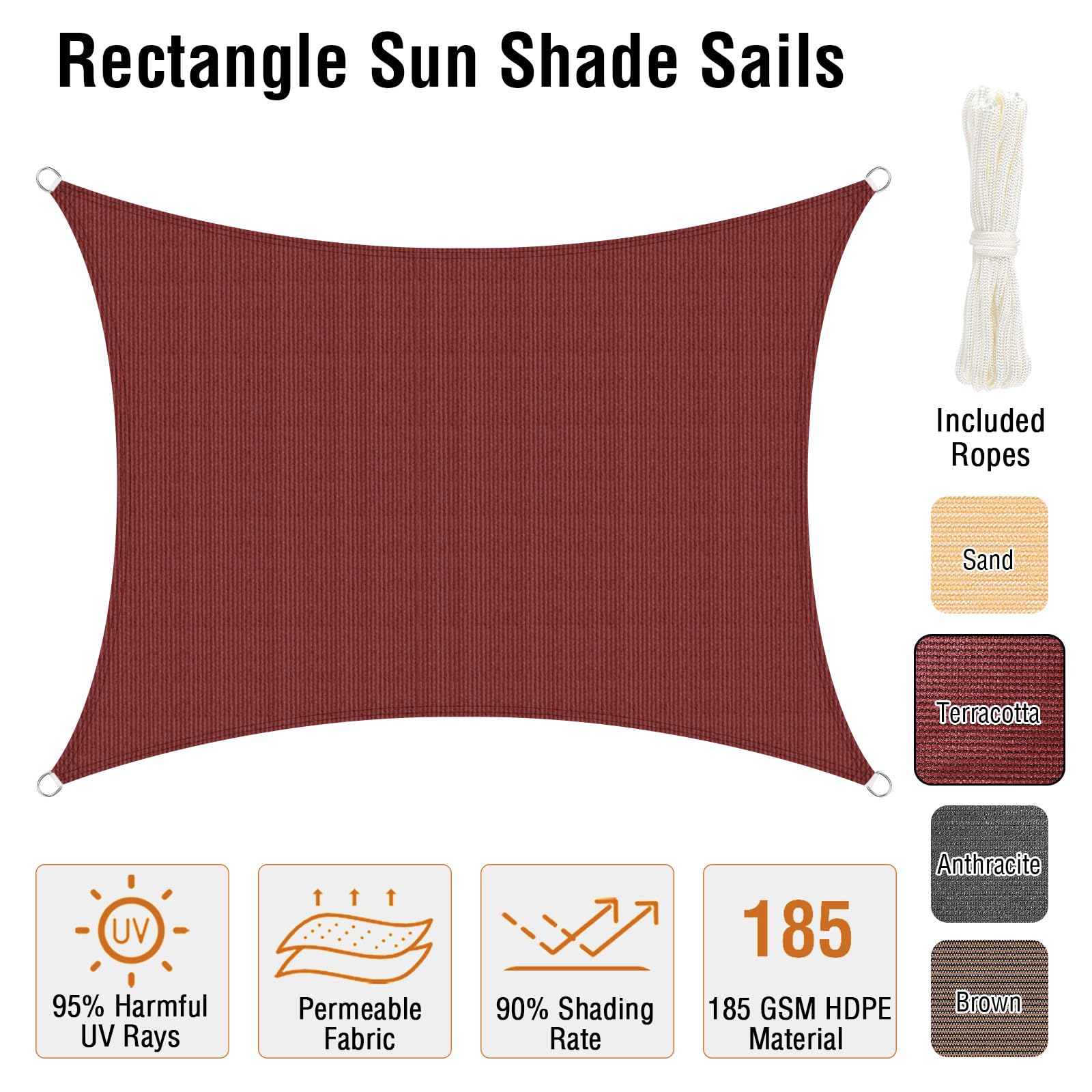 Duerer Vela Ombreggiante Rettangolare 3x4m Tenda a Vela Protezione UV 95%, 185GSM Densità Vela Parasole All'aperto per Giardino, Patio, Pergola, Cortile-Terracotta