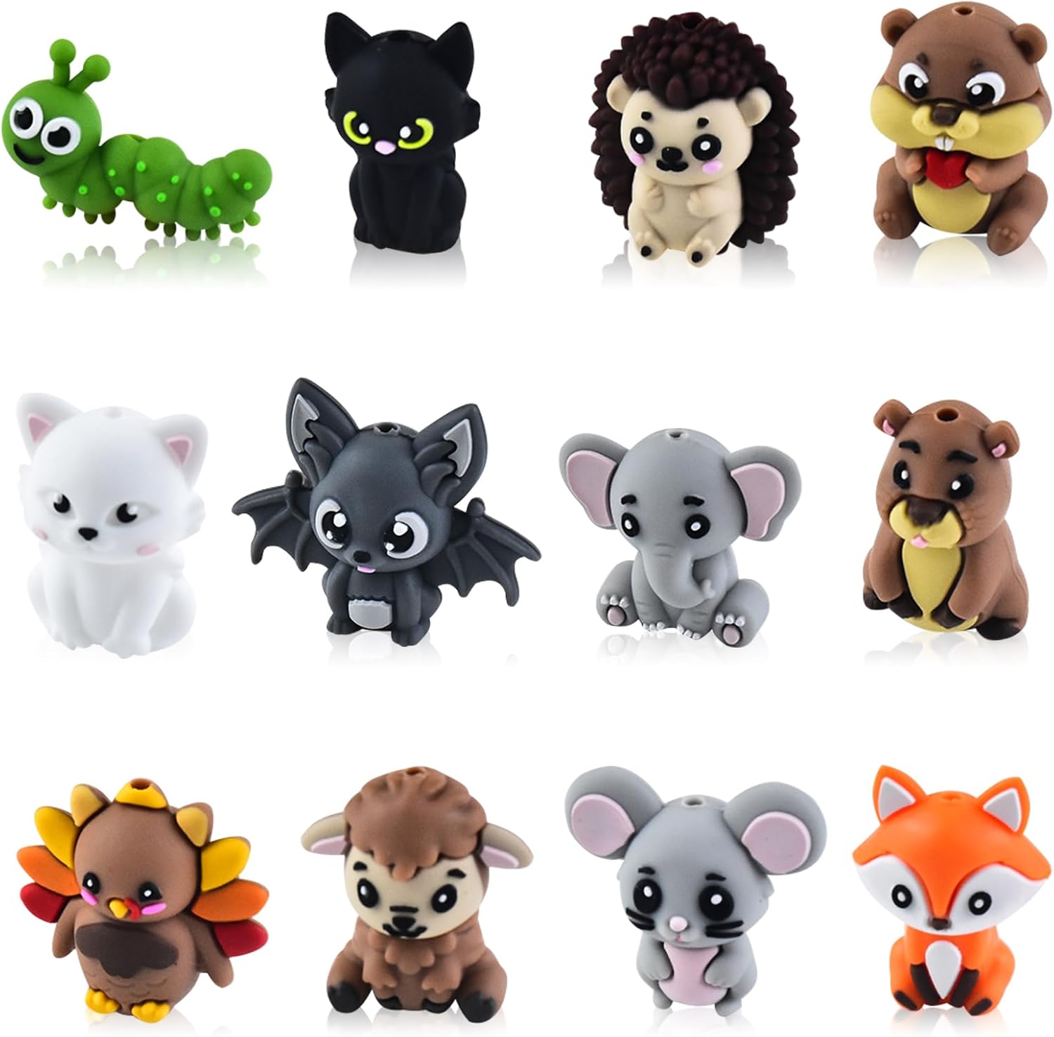 3D Animal Silicone Beads for Keychain Making, 12 PCS Silicone Focal Beads for Pen, Loose Bead Bulks for Bracelet Necklace Lanyard Jewelry and Handmade Crafts Making