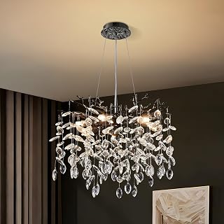 18" Modern Black Tree Branch Crystal Chandeliers 6-Light Round
