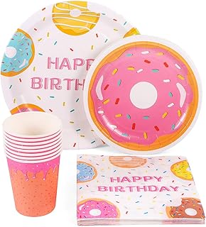 44PCS Donut Party Supplies Set - Donut Food Theme Party/Tea/Doughnut Baby Shower/Birthday Party Decorations Favors Plates Cups Napkins