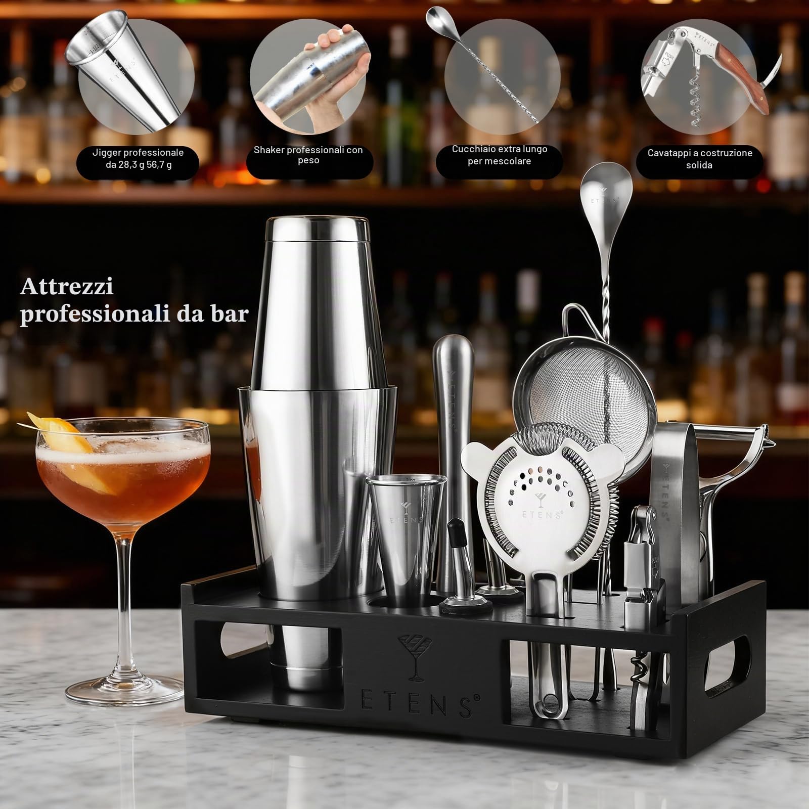 Set di shaker per cocktail, mixer per bevande, accessori da bar, set da barman di mixology da 15 pezzi che include shaker Boston, misurino giapponese, filtro, apribottiglie, cucchiaio da cocktail