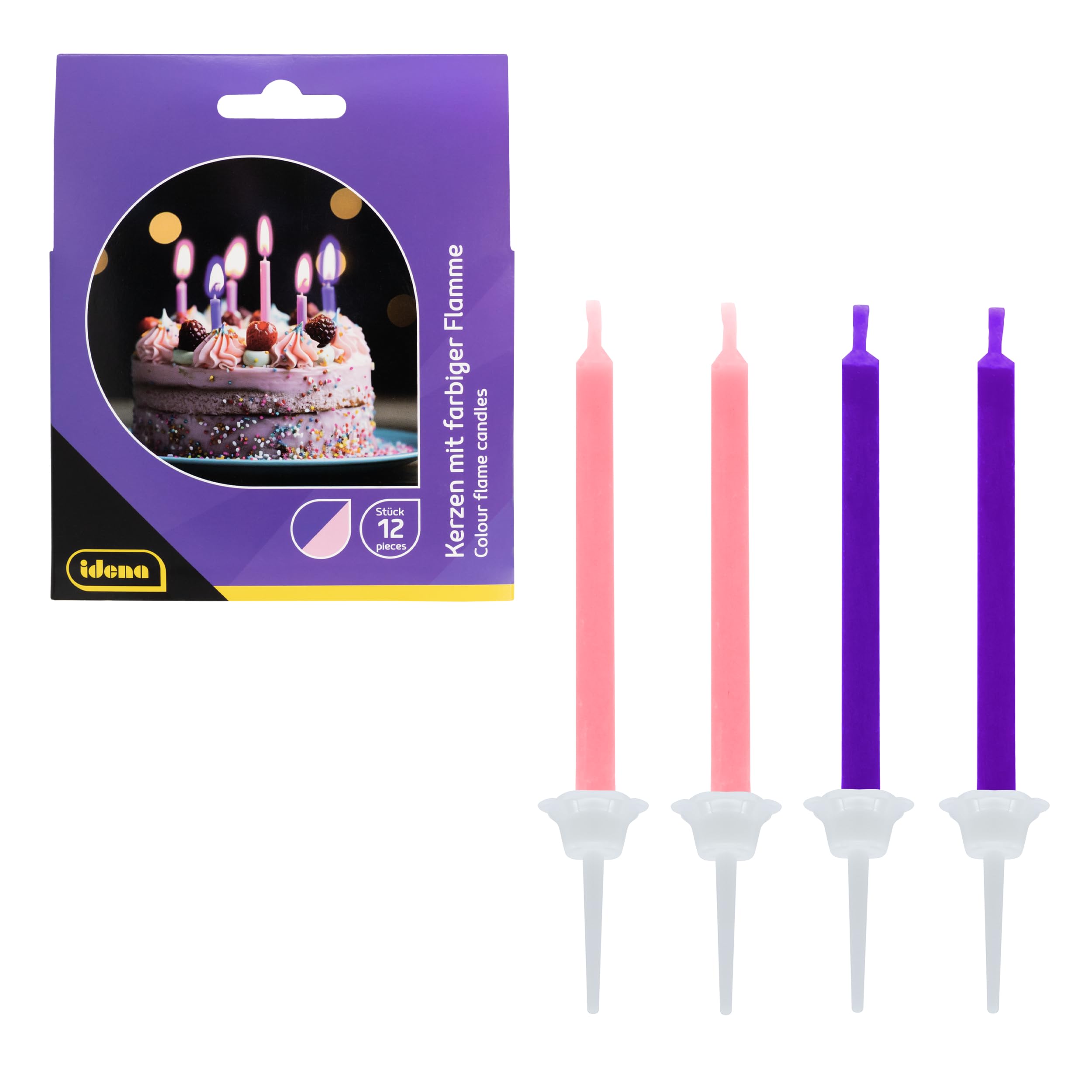 Idena 50105 Party Candles Pack of 12 in Purple and Pink with Colourful Flame, Birthday Candles Made of Paraffin Wax, Food-Safe, Approx. 6 cm, Includes 12 Holders Approx. 2.2 cm