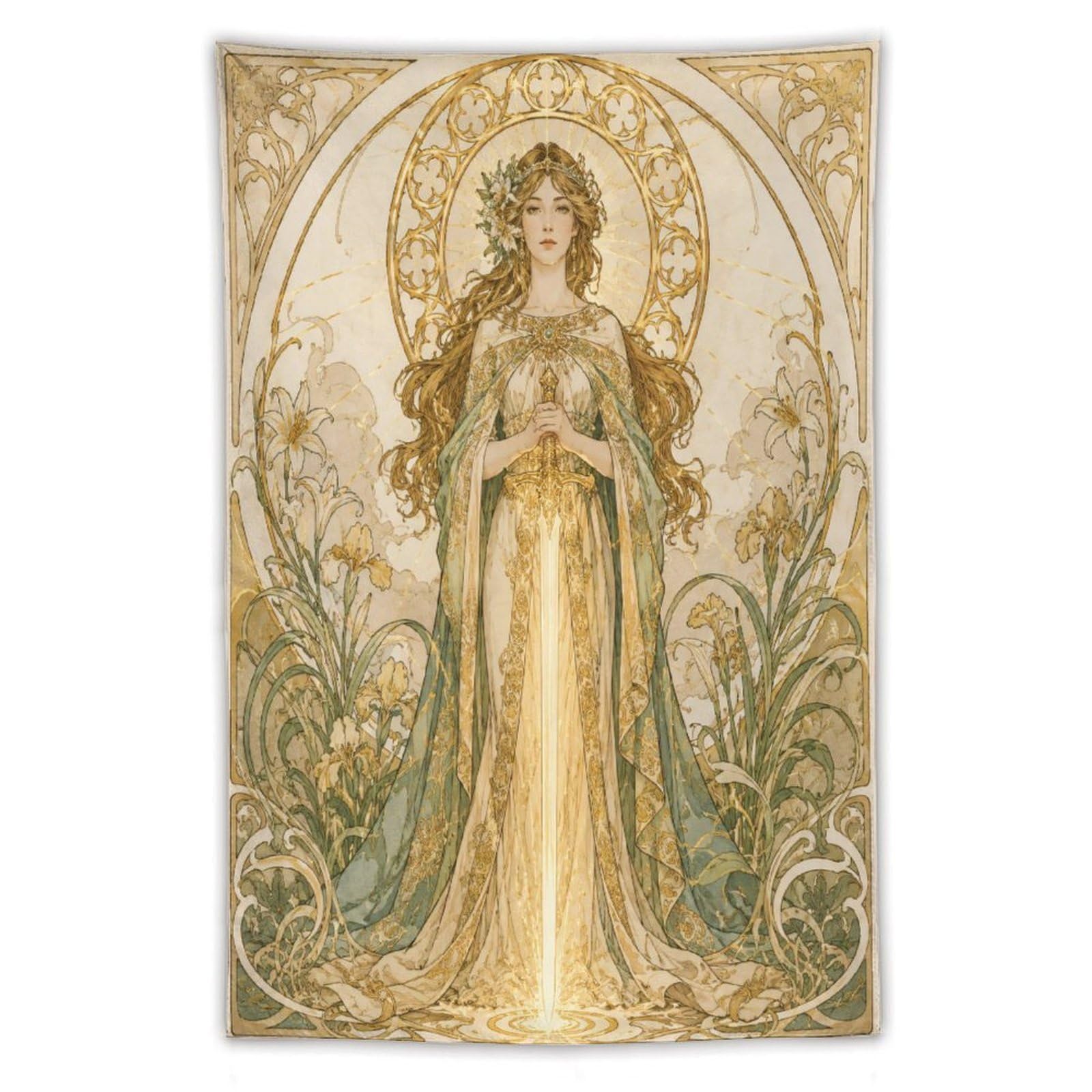 H3B8U2Y5 Golden Goddess Glowing Sword Wall Tapestry, Botanical Linework