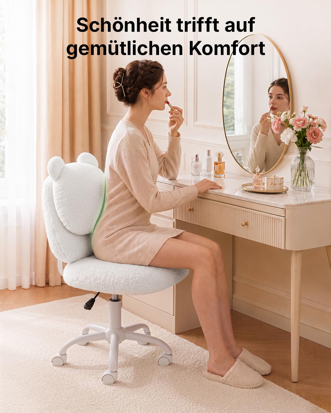 Marsail Schminktisch Stuhl, Schreibtischstuhl aus Teddyfleece, Weiß