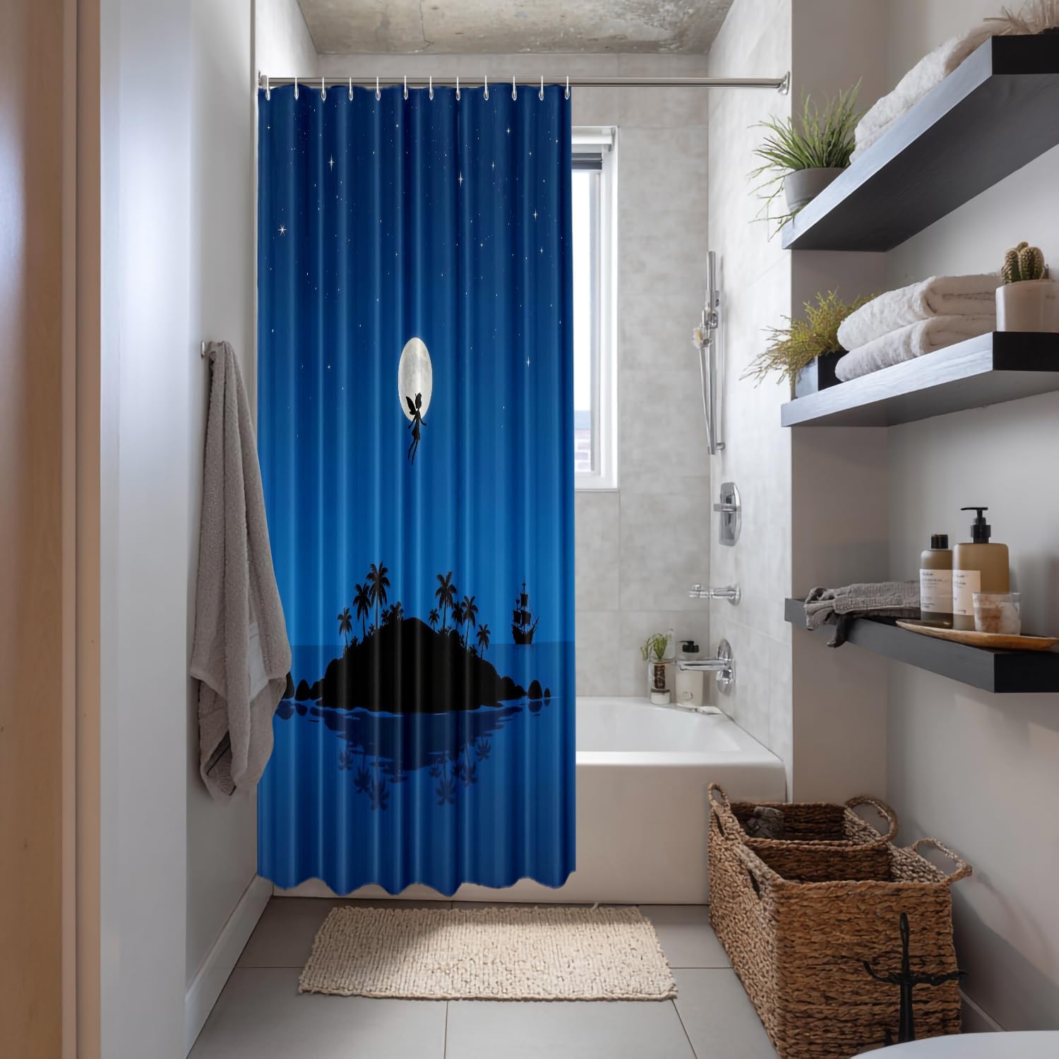 Shrahala Dreamlike Neverland Decorative Shower Curtain, Tinker Bell Pirate Ship Bathroom Décor Polyester Fiber Waterproof with Plastic Rings for Shower Stall Bathtubs 72 x 72 in