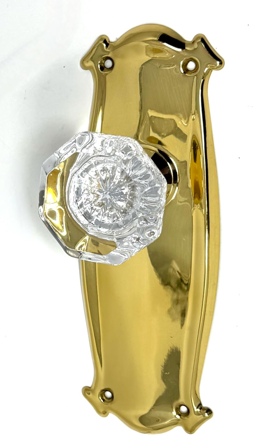 Crystal Door Knob with Tall London Backplate, Eight-Point Beveled Glass, Brass Finish, Dummy Spindle, Wood Mount, Gold, LON18-PB9sd