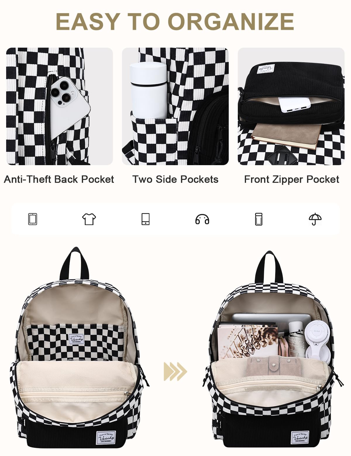 VASCHY Mochila de Pana a Cuadros Negro/Blanco, Ligera 17,7 L, para Portátil 15,6", Colegio Primaria Secundaria Instituto, Mujer y Adolescente, Daypack Casual