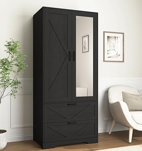 Miniatura 10 de Armario Armario con puerta de espejo, 3 puertas, Armario de dormitorio de granja con cajones y estantes ajustables, Armario de madera con barra para