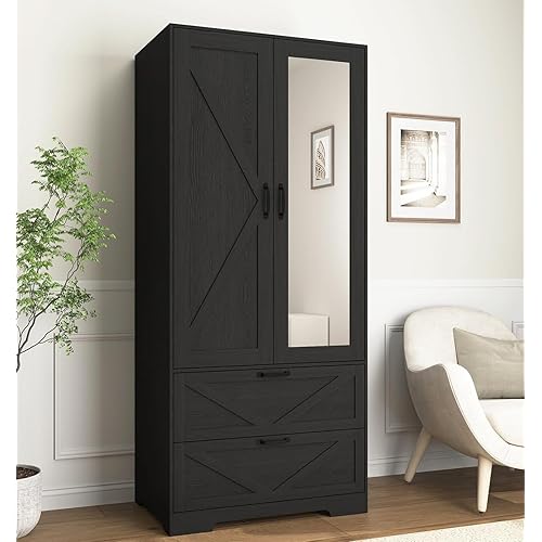 72" Armoire Wardrobe Closet with Mirror Door and LED Lights,Farmhouse Bedroom Armoire with Drawers and Adjustable Shelves,Wooden Armoire Wardrobe Closet with Hanging Rod for Bedroom(Black)