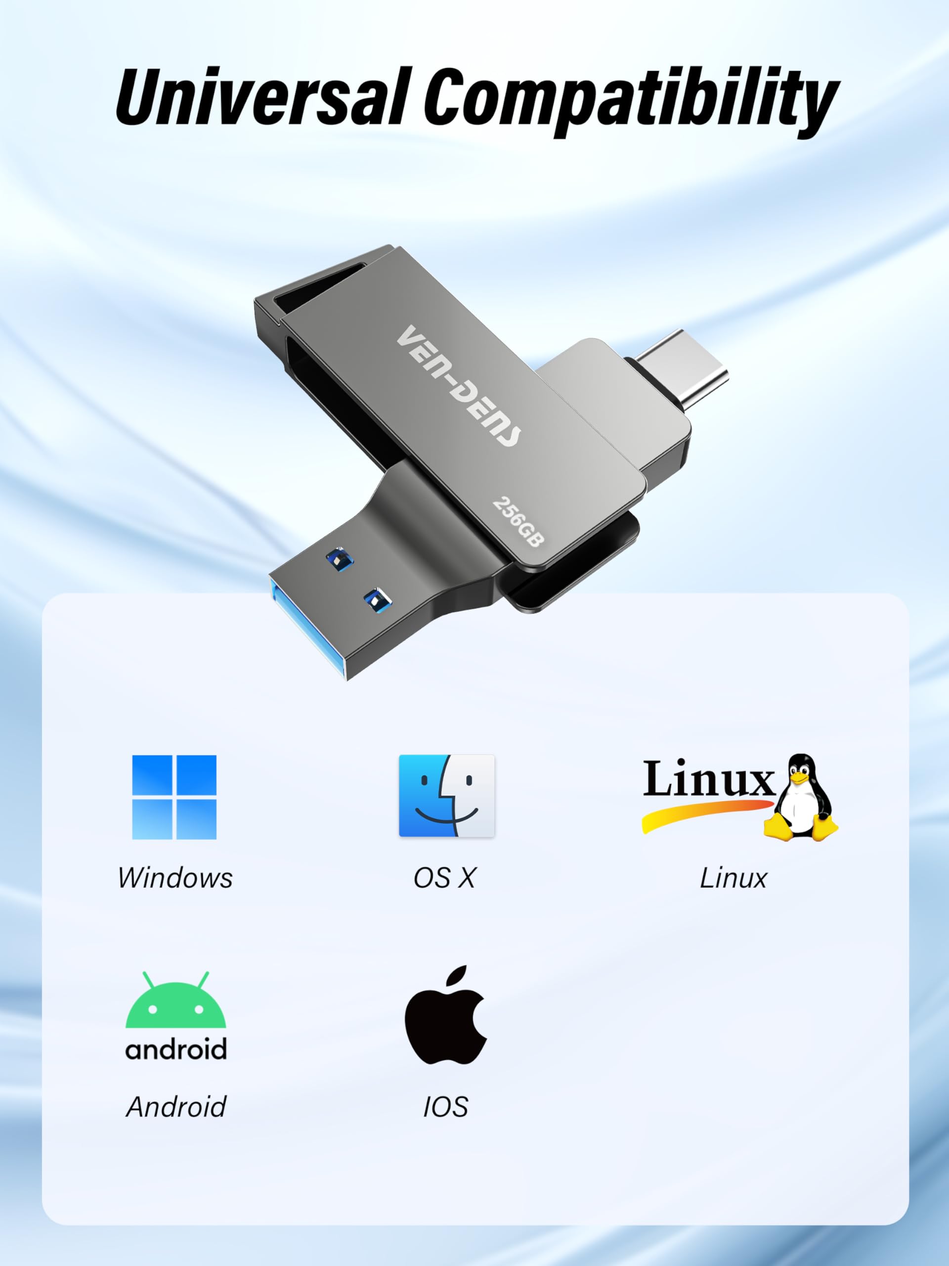 VEN-DENS Chiavetta USB 3.2 2 in 1 con doppia interfaccia di tipo C e USB-A, memoria esterna USB, in lega di zinco ad alta velocità, per Android, laptop, MacBook, Windows, smartphone e PC (256 GB)