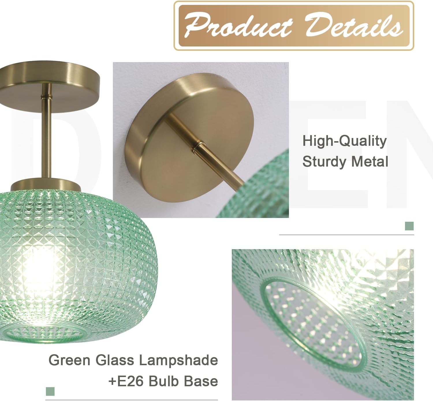Vintage Brass Semi Flush Mount Ceiling Light Green Glass Hallway Light Fixture Gold Globe Ceiling Light Industrial Farmhouse Close to Ceiling Light Small Flush Mount Entryway Light MCL30D