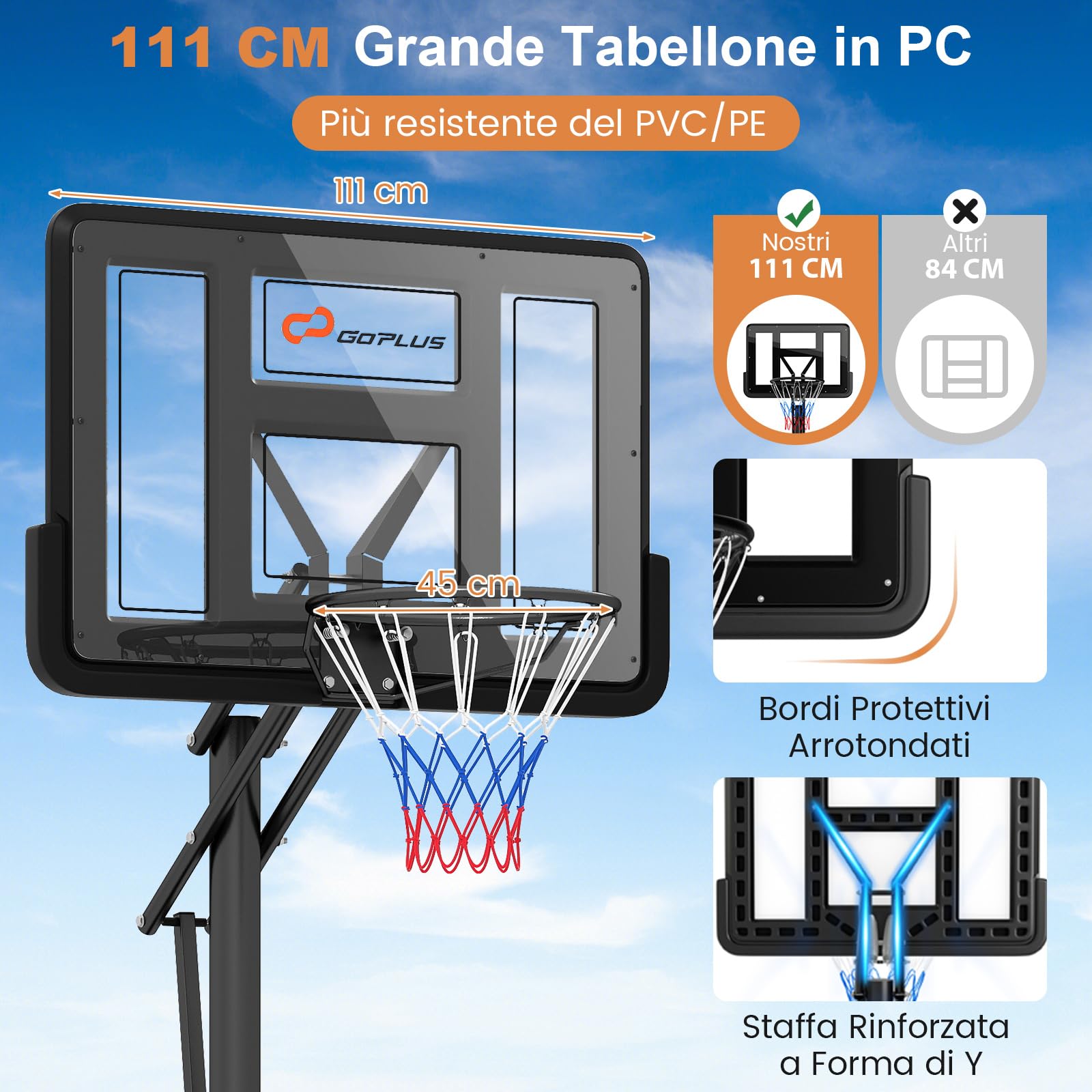 COSTWAY Canestro da Basket da Esterno, Canestro Basket Portatile e Regolabile in Altezza da 1,5 a 3 M con Tabellone in PC da 111 cm, Base Riempibile, Borsa per Pesi e Ruote