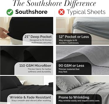 SouthShore Fine Living Vilano Pleats, 3-Piece, 21-Inch Extra Deep Pocket Sheet Set, Twin Sheets Set with Flat Sheets and Pillowcase, Easy Care and Shrinkage-Free Deep Pocket Sheets, Sheet Set, Black