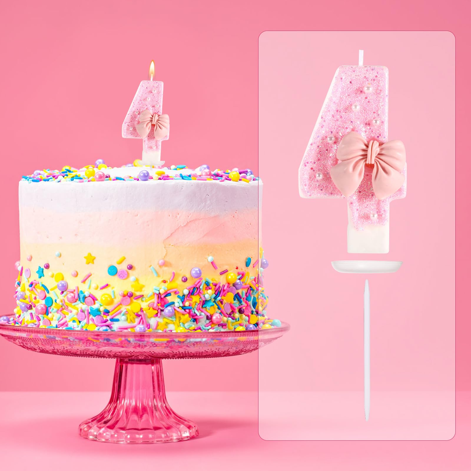 Zahlenkerze Mit Schleife & Krone – Rosa Glitzer, Für 1. Geburtstag, Aus Wachs, Inkl. Halter