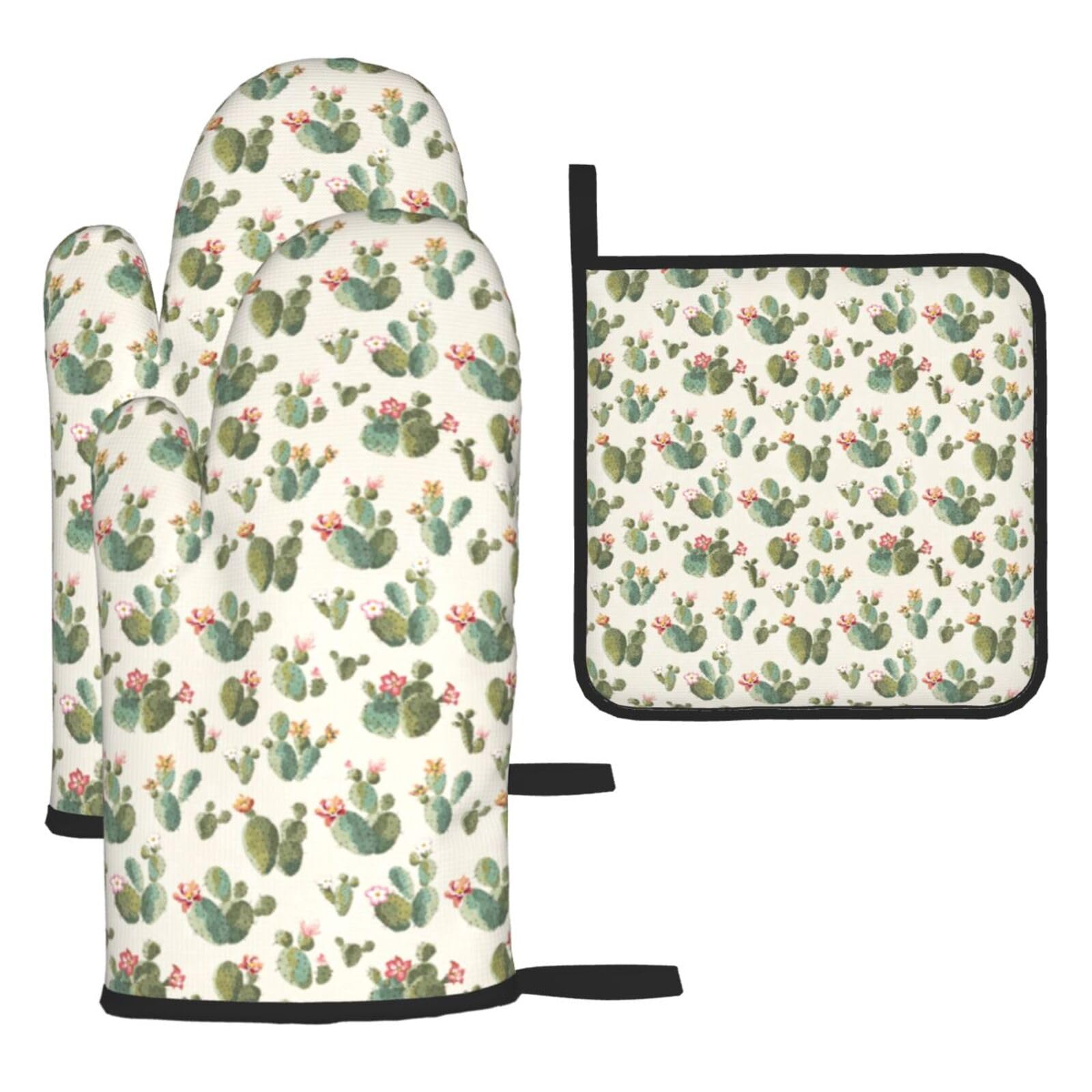 Cute Cactus Print Oven Mitts Kitchen Gloves Set Everyday Baking Grilling Microwaving Cooking Gift
