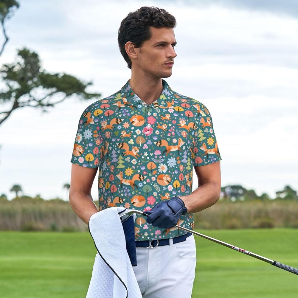 Mosytuky Foxes and Birds in Forest Print Golf Shirts for Men Dry Mosytuky Foxes and Birds in Forest Print Golf Shirts for Men Dry