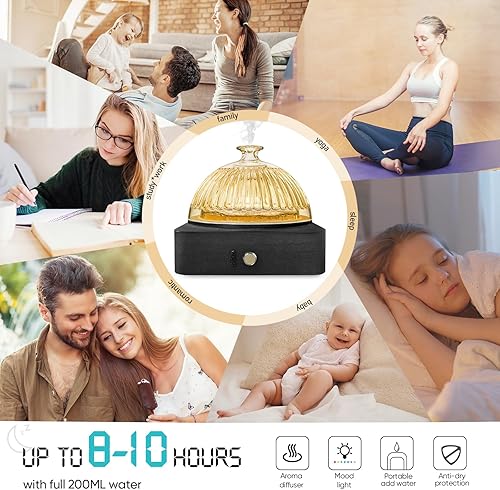 Miniatura 6 de Difusor de aceite esencial de cúpula de vidrio con depósito de vidrio y base de madera, sin plástico, difusor ultrasónico de 6.8 fl oz para