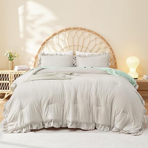 Miniatura 26 de Litanika Juego de edredón Queen de 3 piezas, color rosa rubor, para niñas y mujeres, con volantes, lindos edredones y juegos de ropa de cama, 02