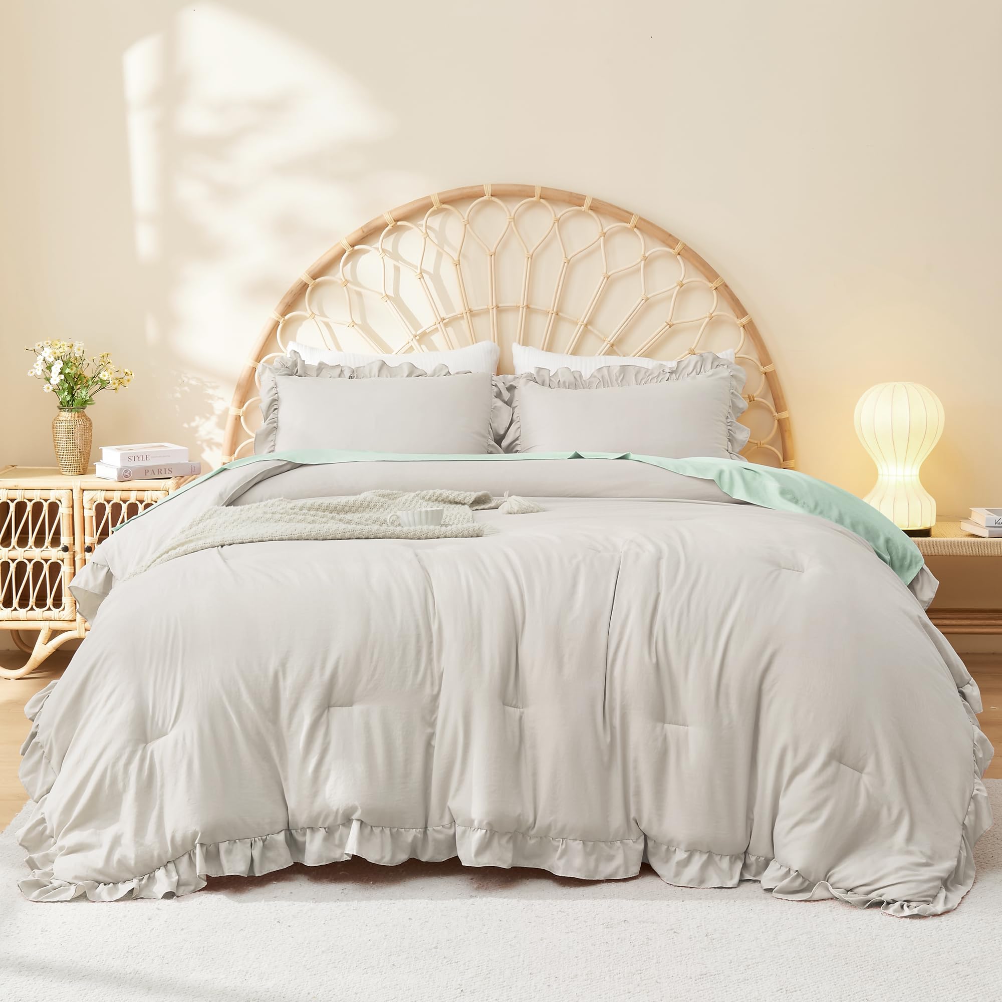 Litanika Full Comforter Set, 3 Pieces Linen Grey Ruffle Bedding Set — image 1